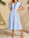 Striped notched ruffle sleeve dress with pockets, blue and white, by Trendsi