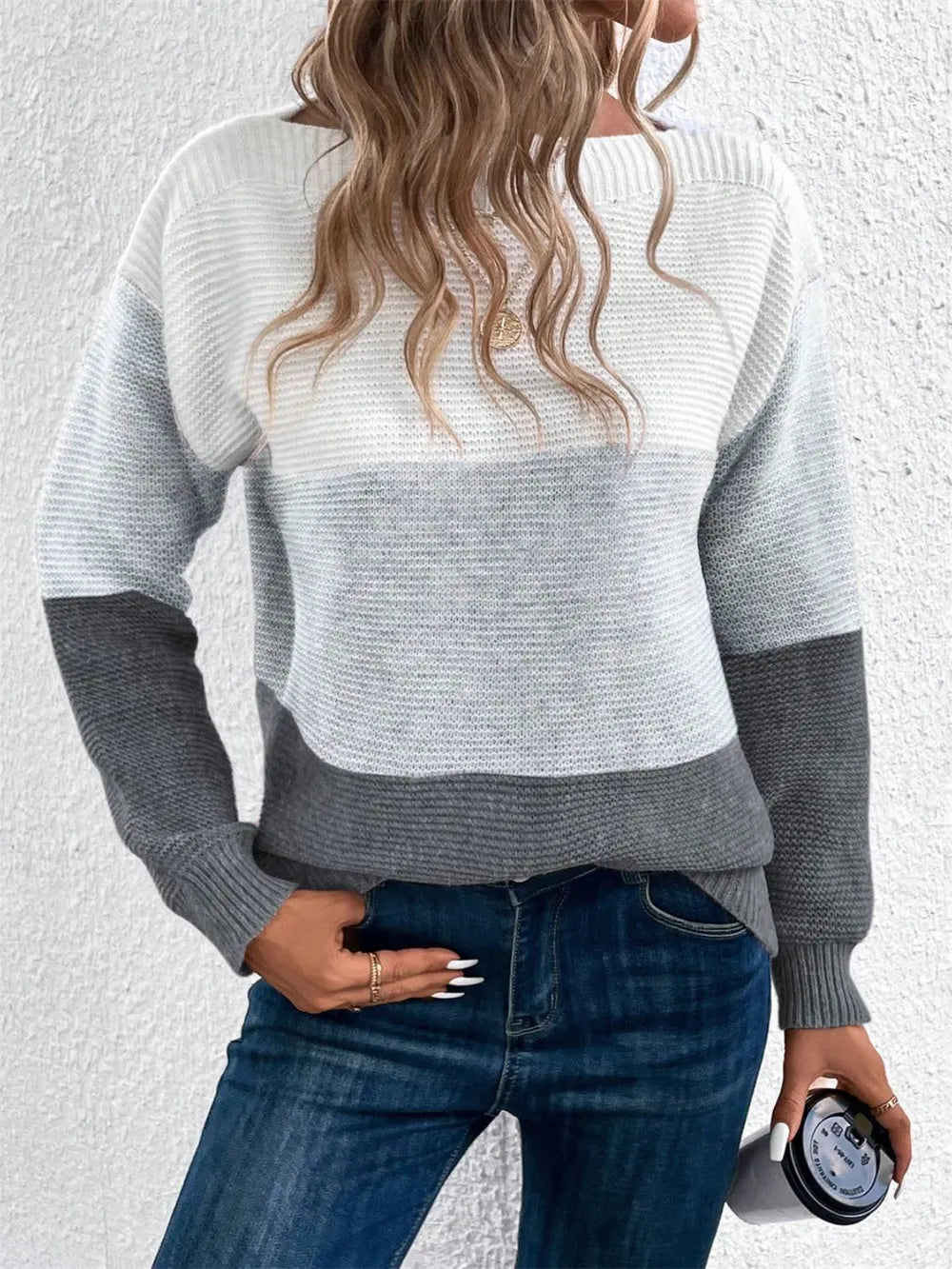 Color-block long sleeve sweater in white and dark gray knit with solid stripe band