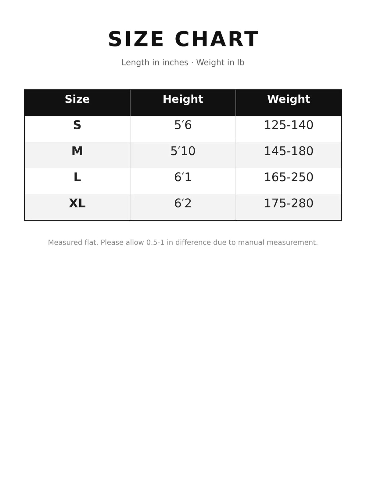 Blouse size chart table showing height and weight ranges for S to XL
