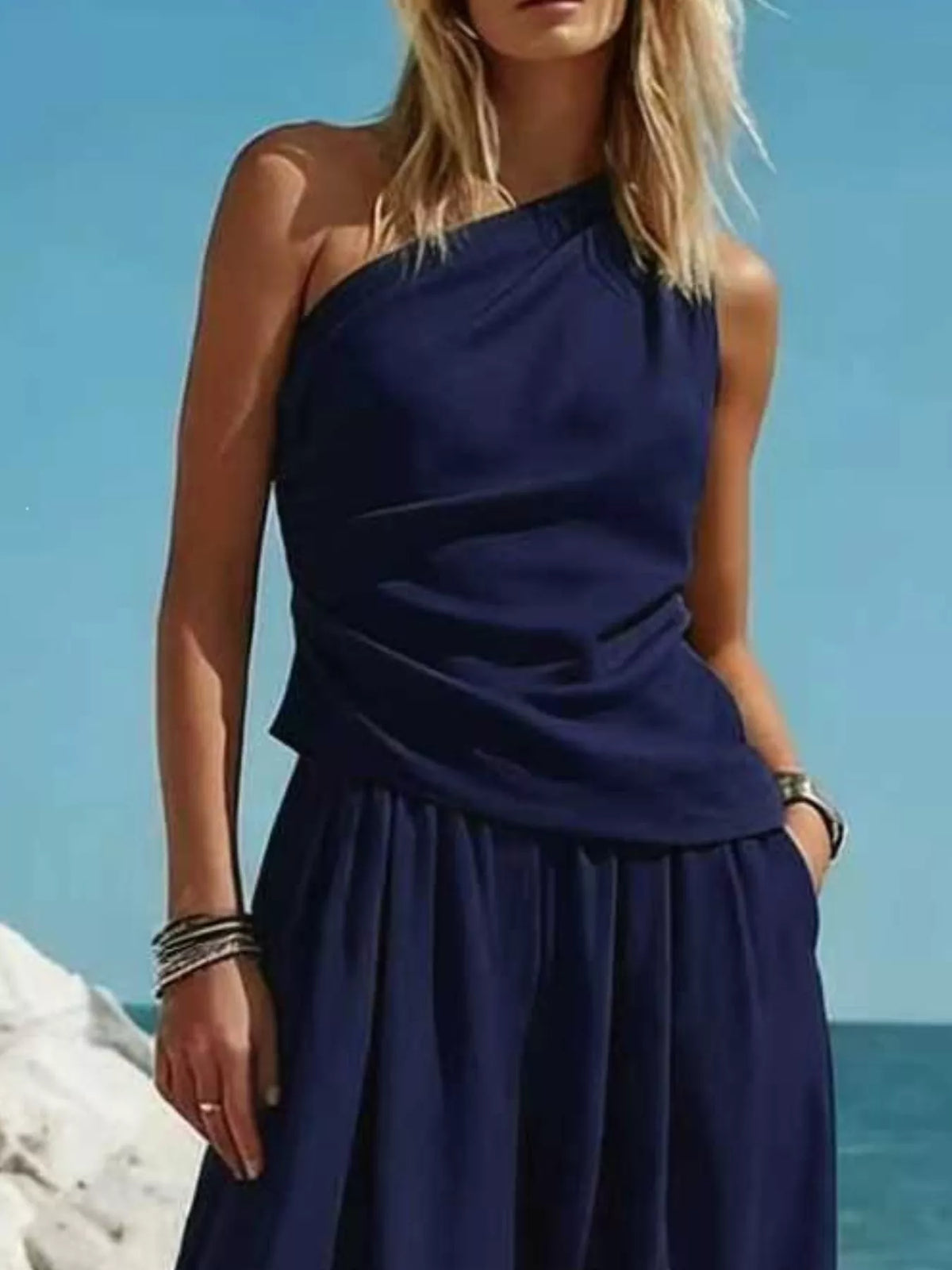 Navy one-shoulder sleeveless top and flowy harem pants set