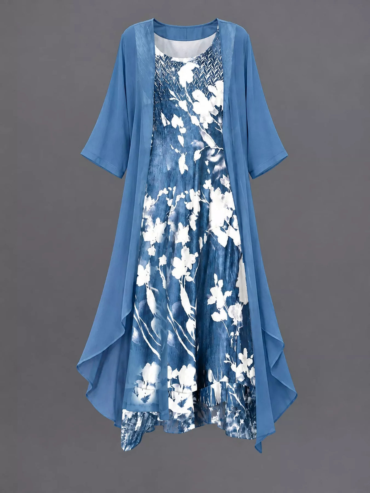 Blue floral print midi dress with sheer chiffon cardigan, flowy silhouette, elbow sleeves