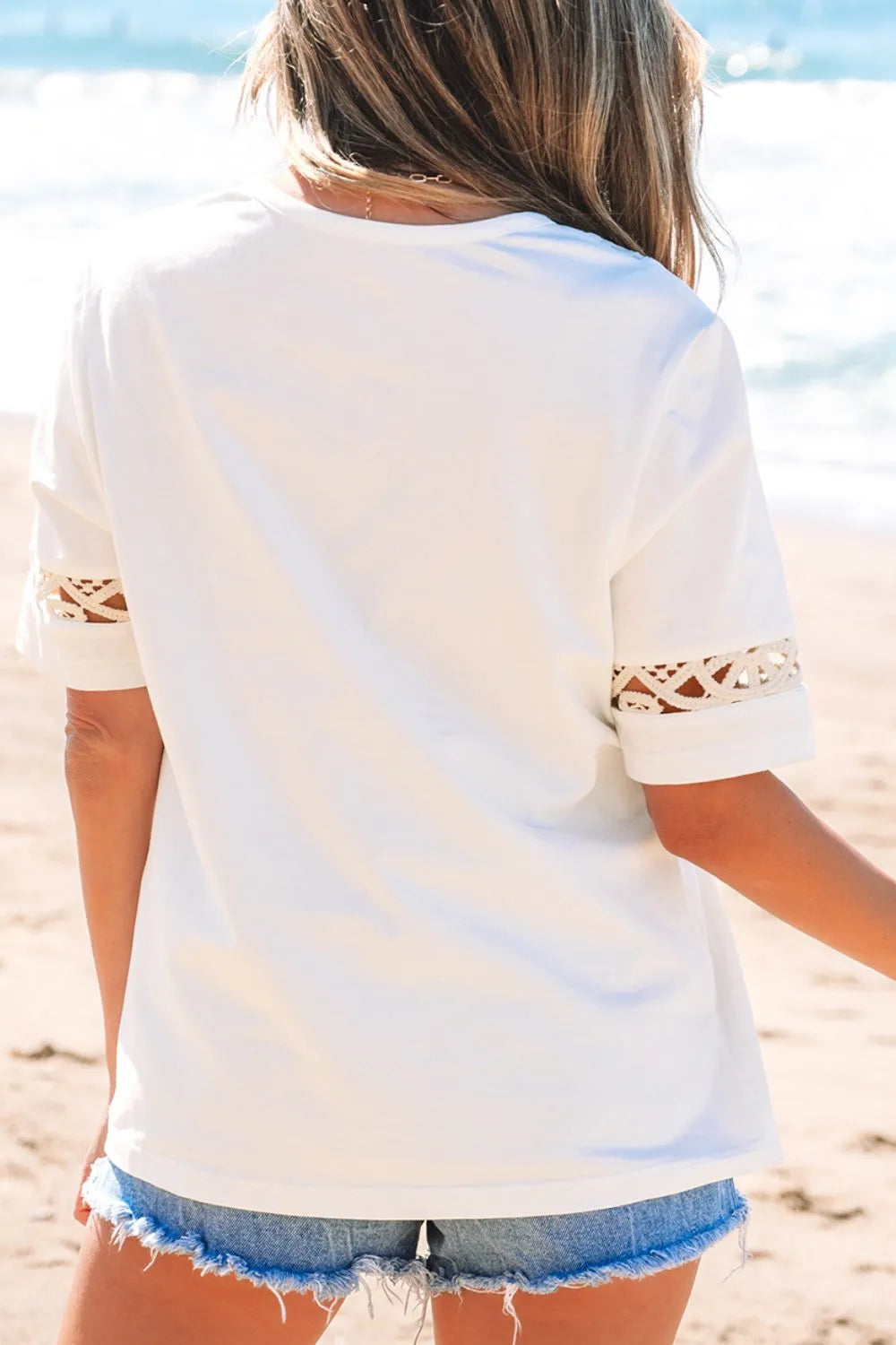 Cedar & Moore Lace Crochet Crew Neck Casual T Shirt, white with lace sleeve panels