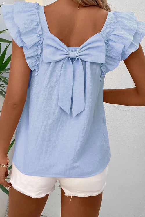 Light blue ruffled cap-sleeve blouse with bow back and gathered shoulders