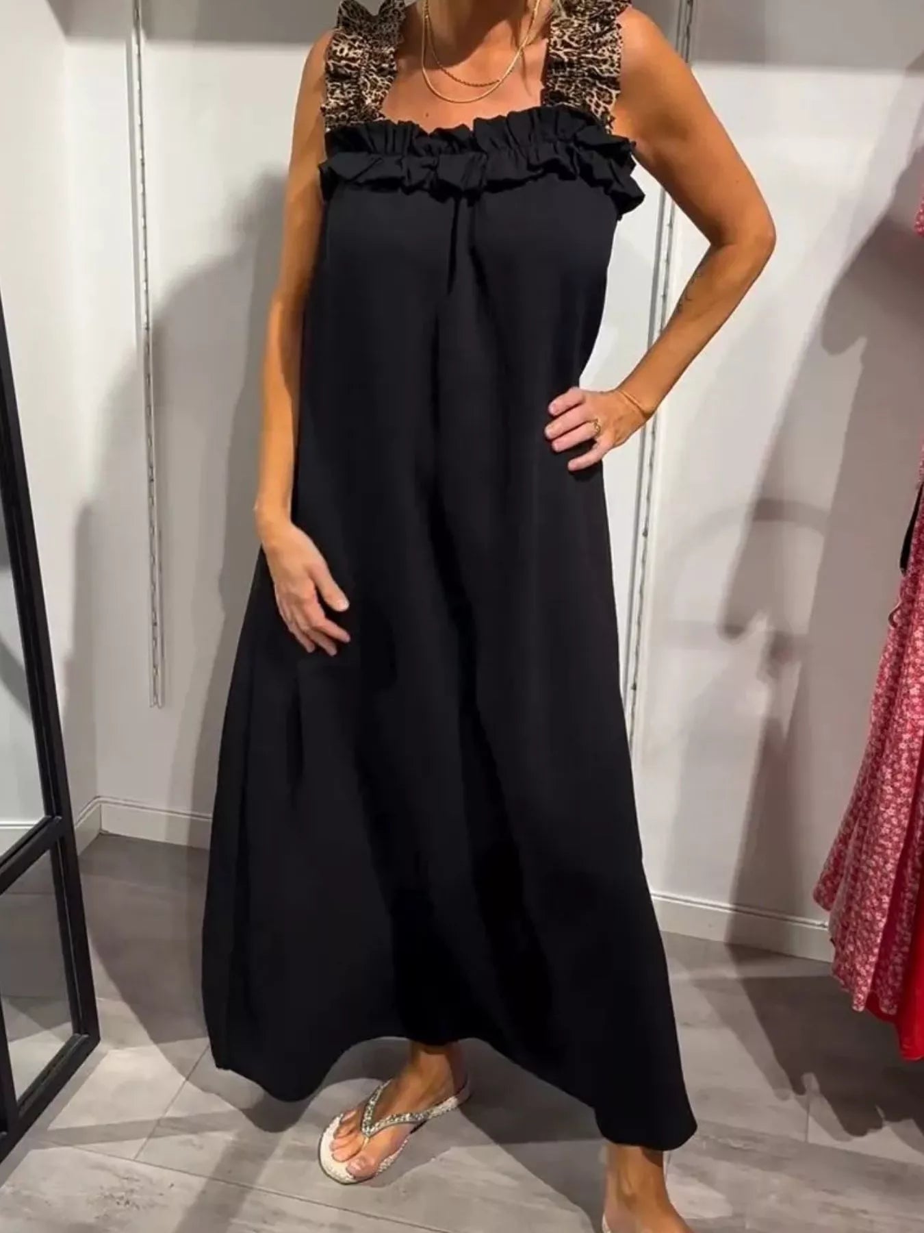 Full Size Ruffled Strap Flowy Maxi Dress Plus Size black pocketed with leopard-print straps