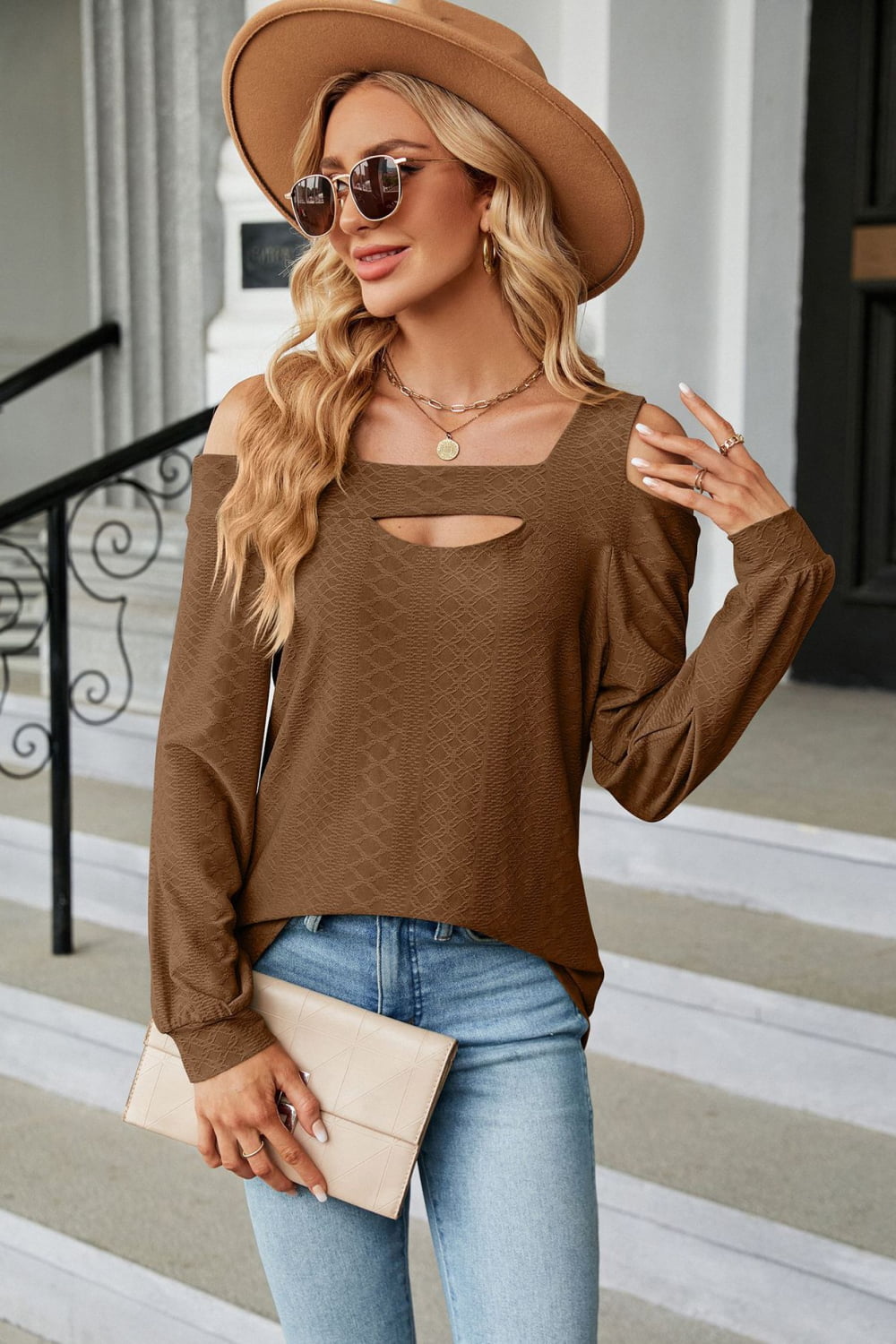 Brown cold-shoulder square-neck cutout blouse with long sleeves