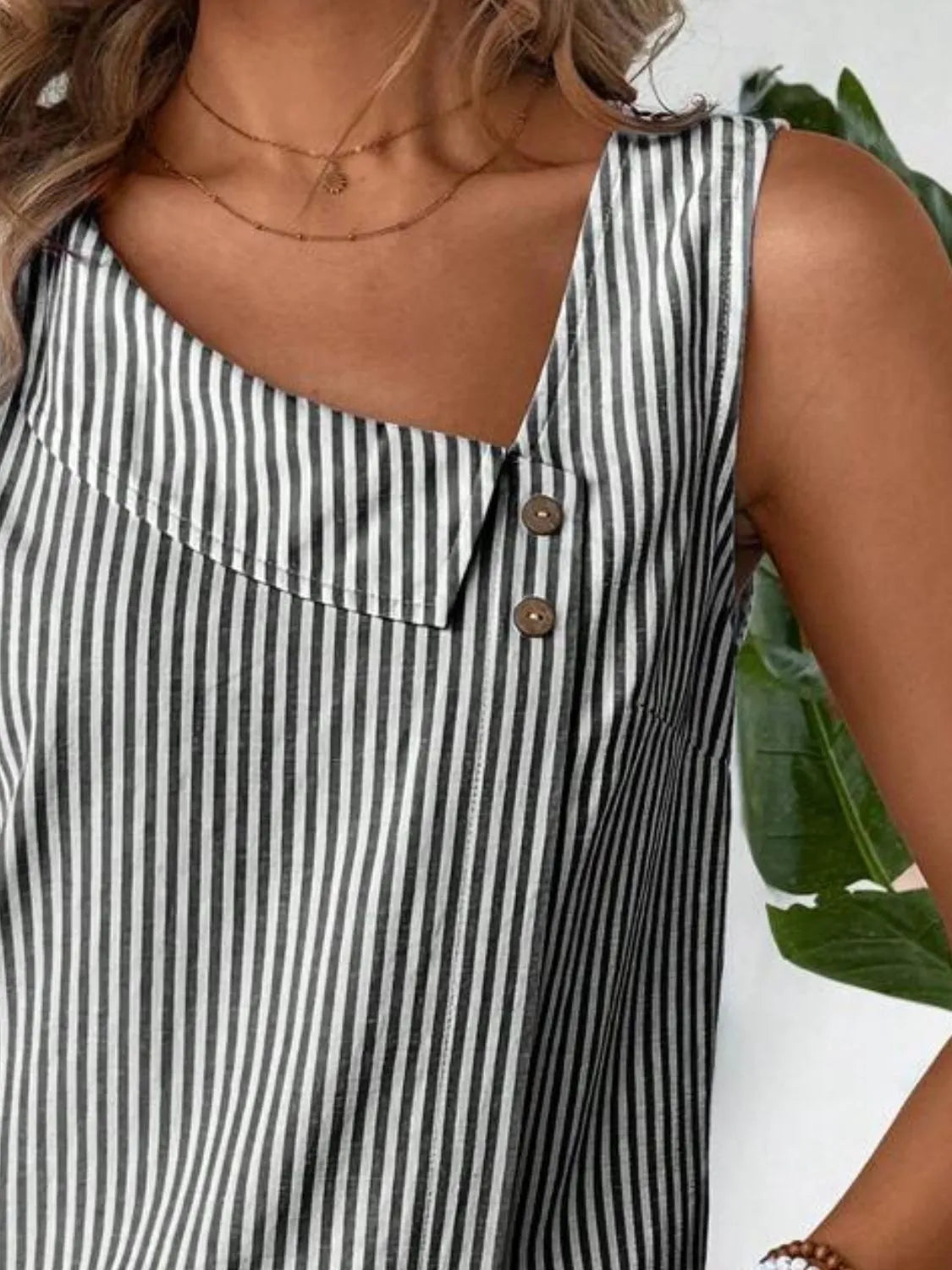 Light blue and white striped tank top with square yoke and two-button front placket