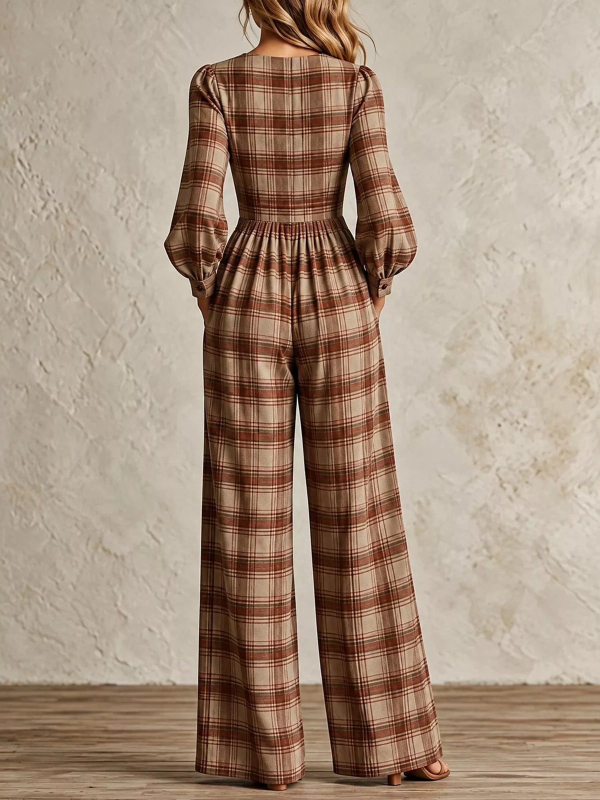 Plaid square-neck long-sleeve jumpsuit, back view with elastic waist and wide legs
