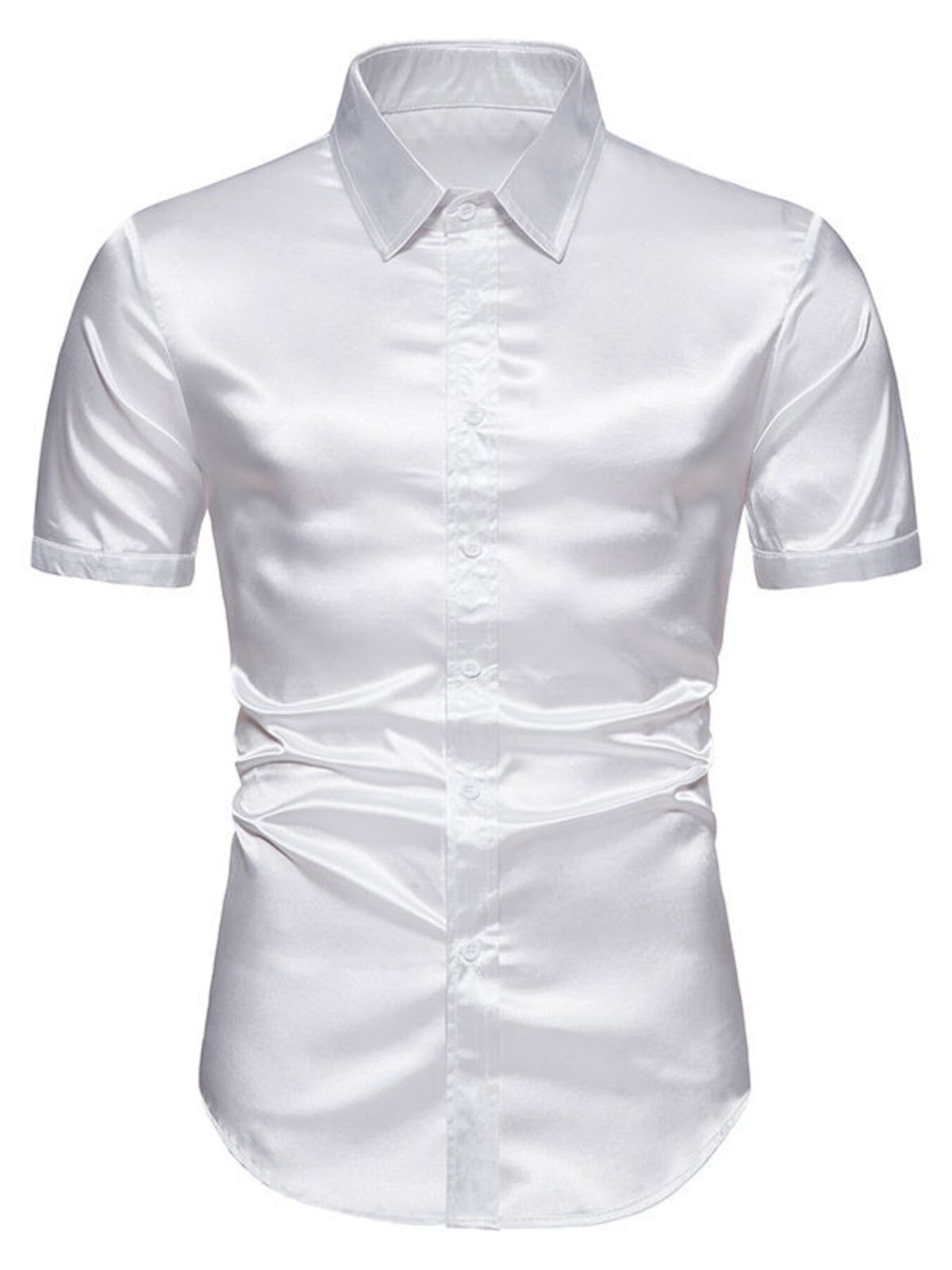 White satin-look short-sleeve button-up shirt with pointed collar and button placket.
