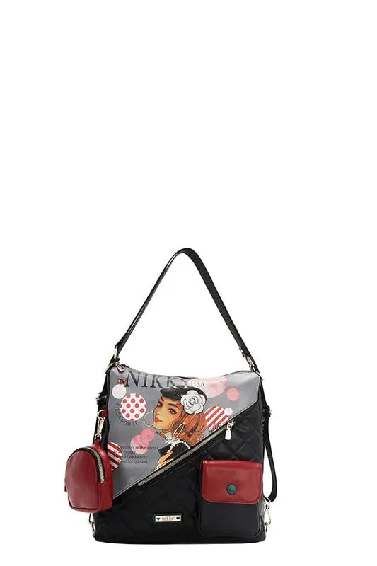 Convertible adjustable strap backpack bag, black quilt with graphic front and red side pouch.