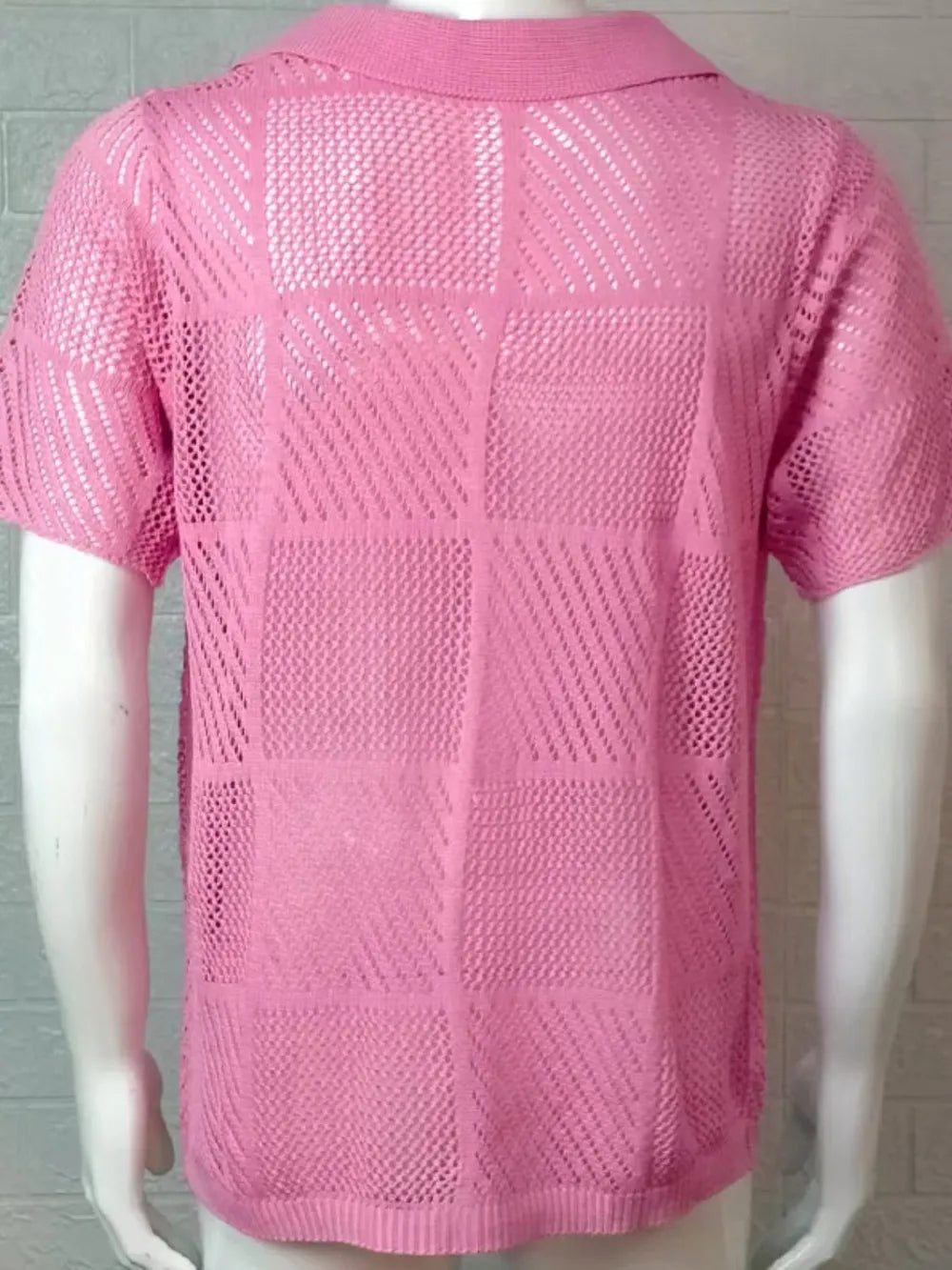Pink checkered eyelet knit button-down shirt, short sleeves, back view