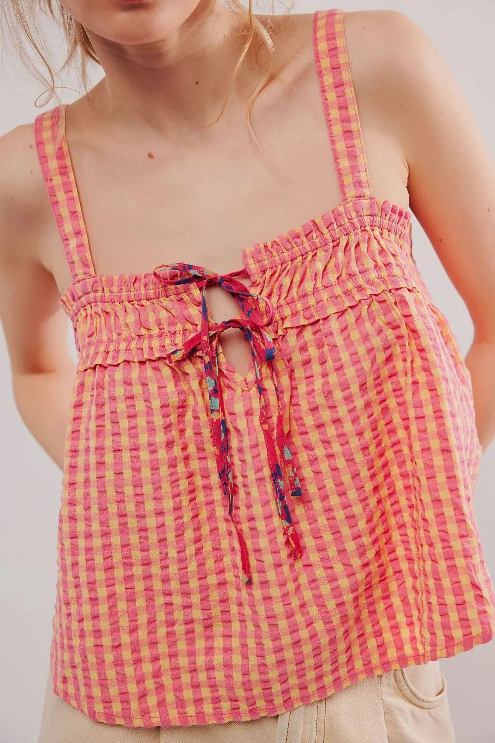 Coral gingham square-neck cami with smocked bodice and tied front