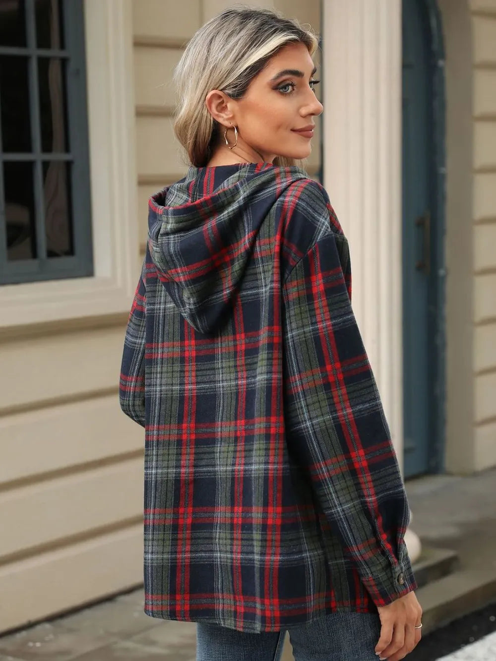 Multicolor plaid hooded long-sleeve top with drawstring and button-front placket