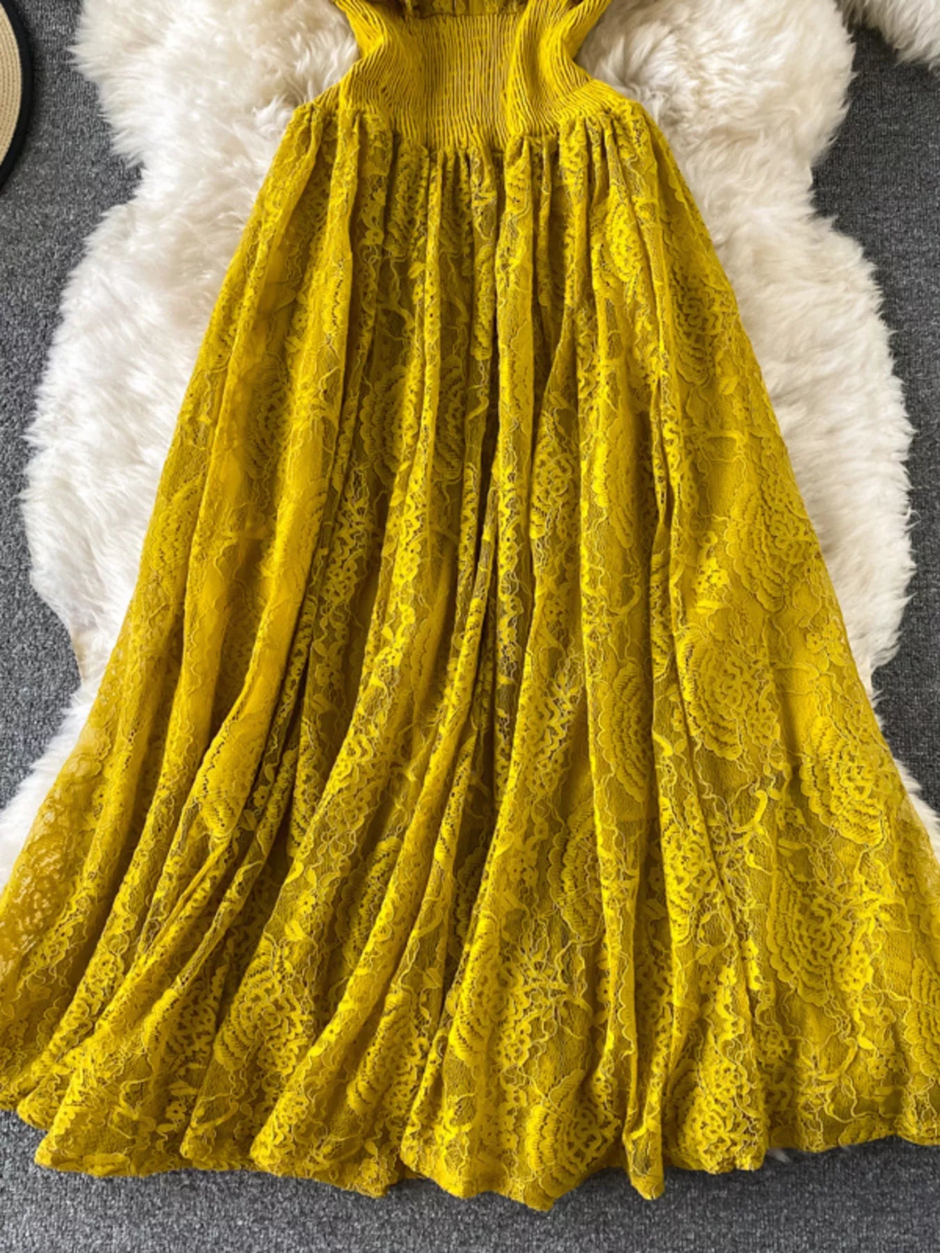 Cedar & Moore Ruffled Mock Neck Lace Maxi Dress in mustard yellow lace fabric, Trendsi