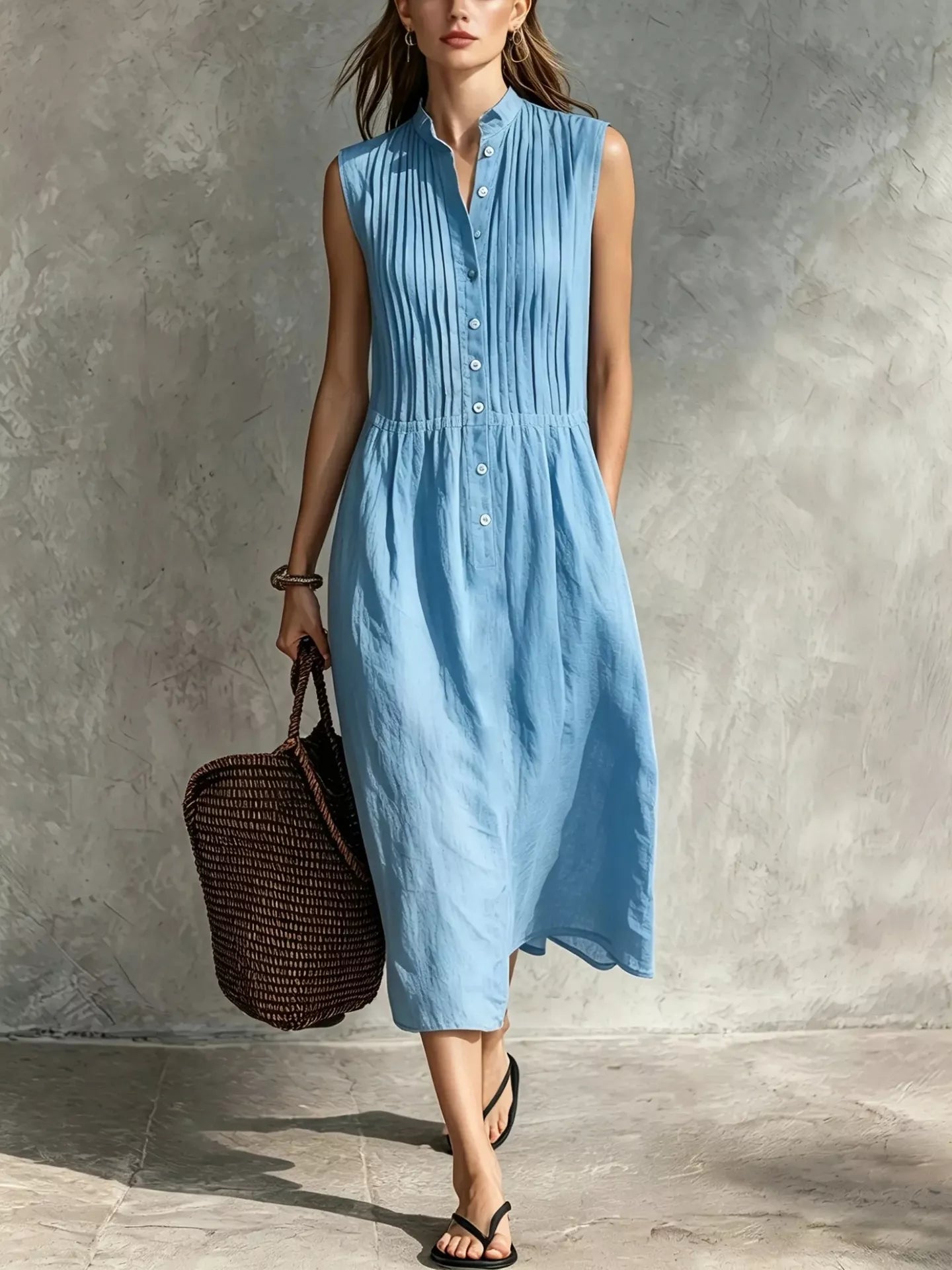 Lake blue sleeveless button-front midi dress with vertical pleats and gathered waist