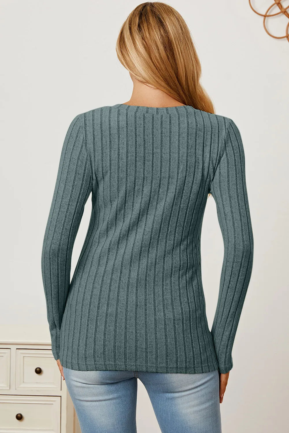 Cedar & Moore Basic Bae ribbed V-neck long sleeve tee in teal, back view.