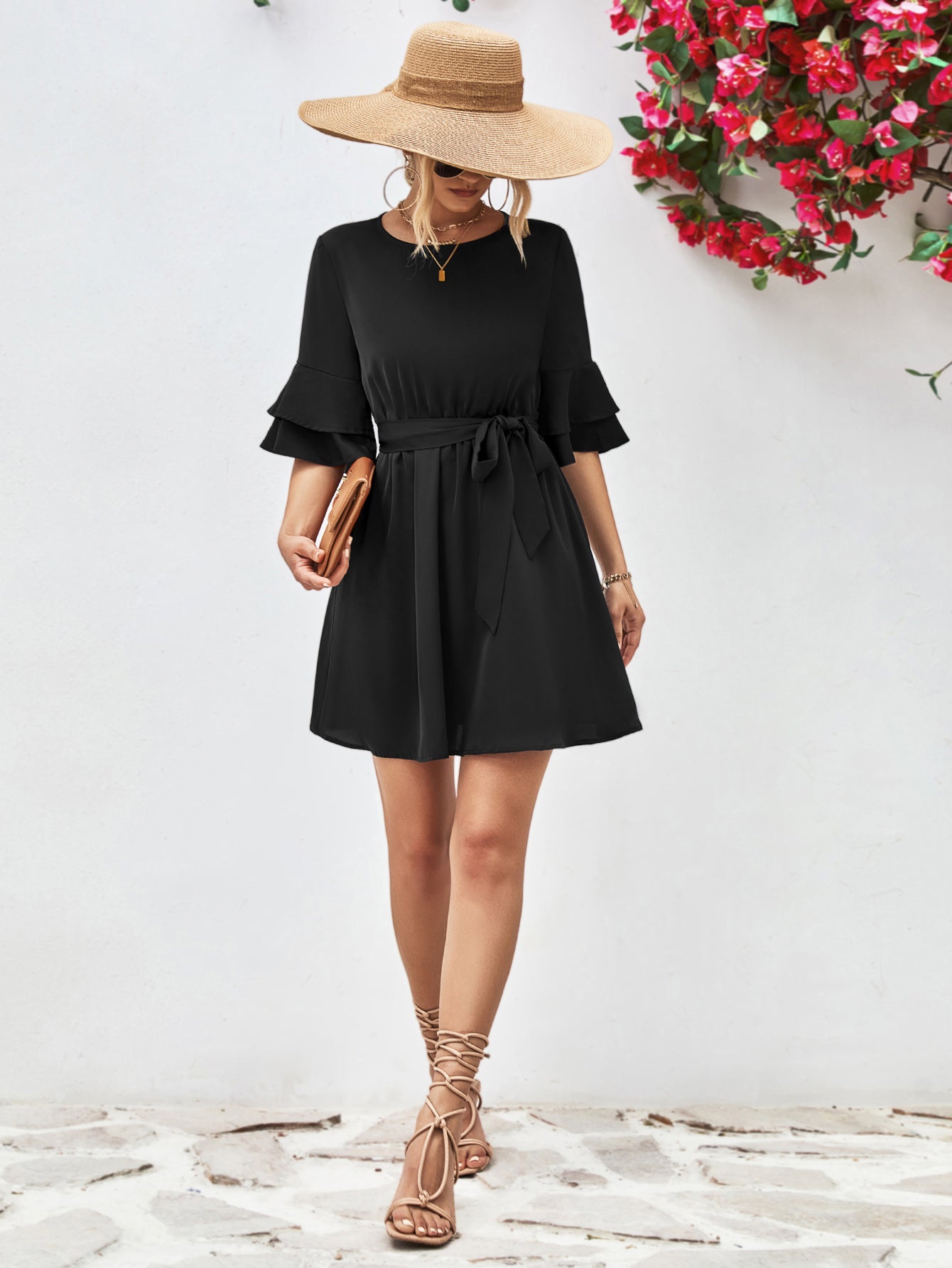 Black round-neck tie-belt flounce sleeve dress, gathered waist and skirt