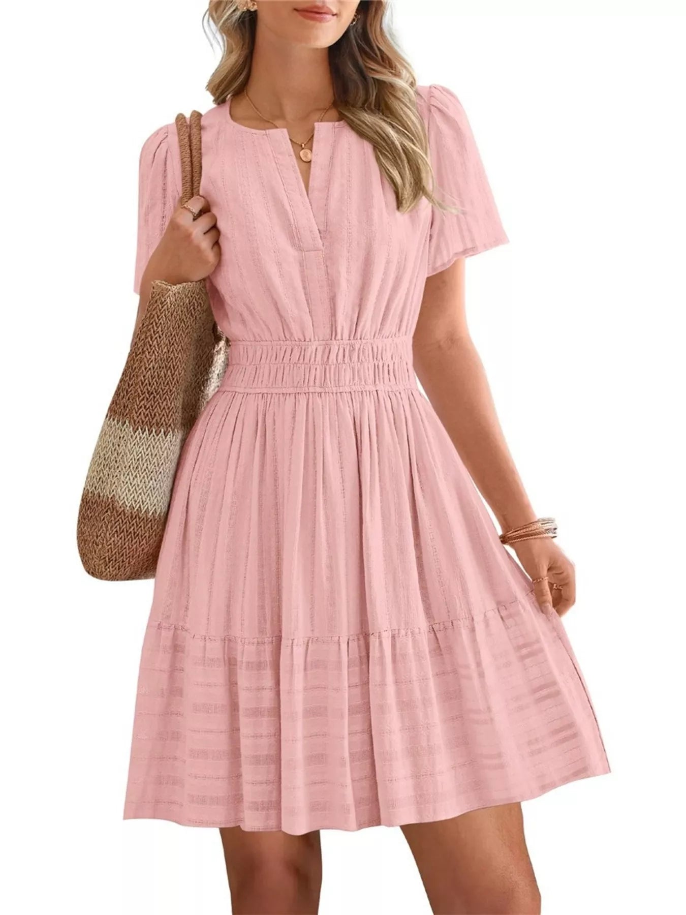 Smocked waist tiered dress in pink, short sleeves, V-neck