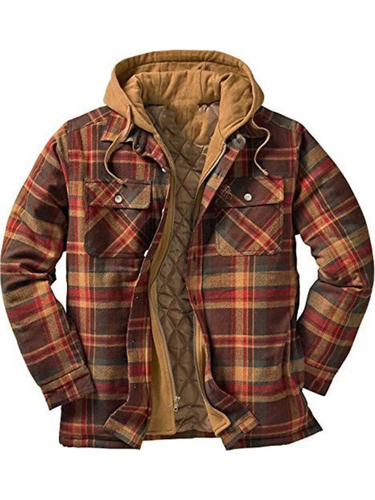 Men's plaid hooded quilted jacket with quilted lining, zip front, and button pockets