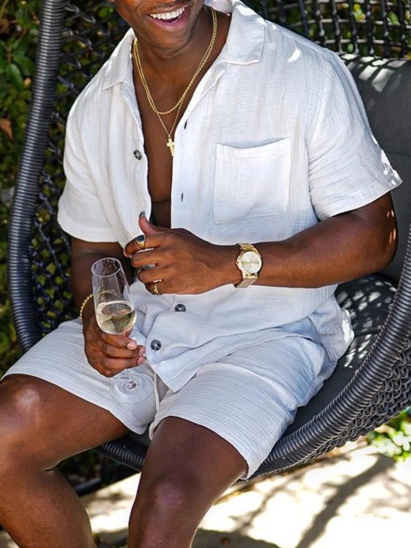 Men's button-up short-sleeve shirt and shorts set, white linen look, front buttons