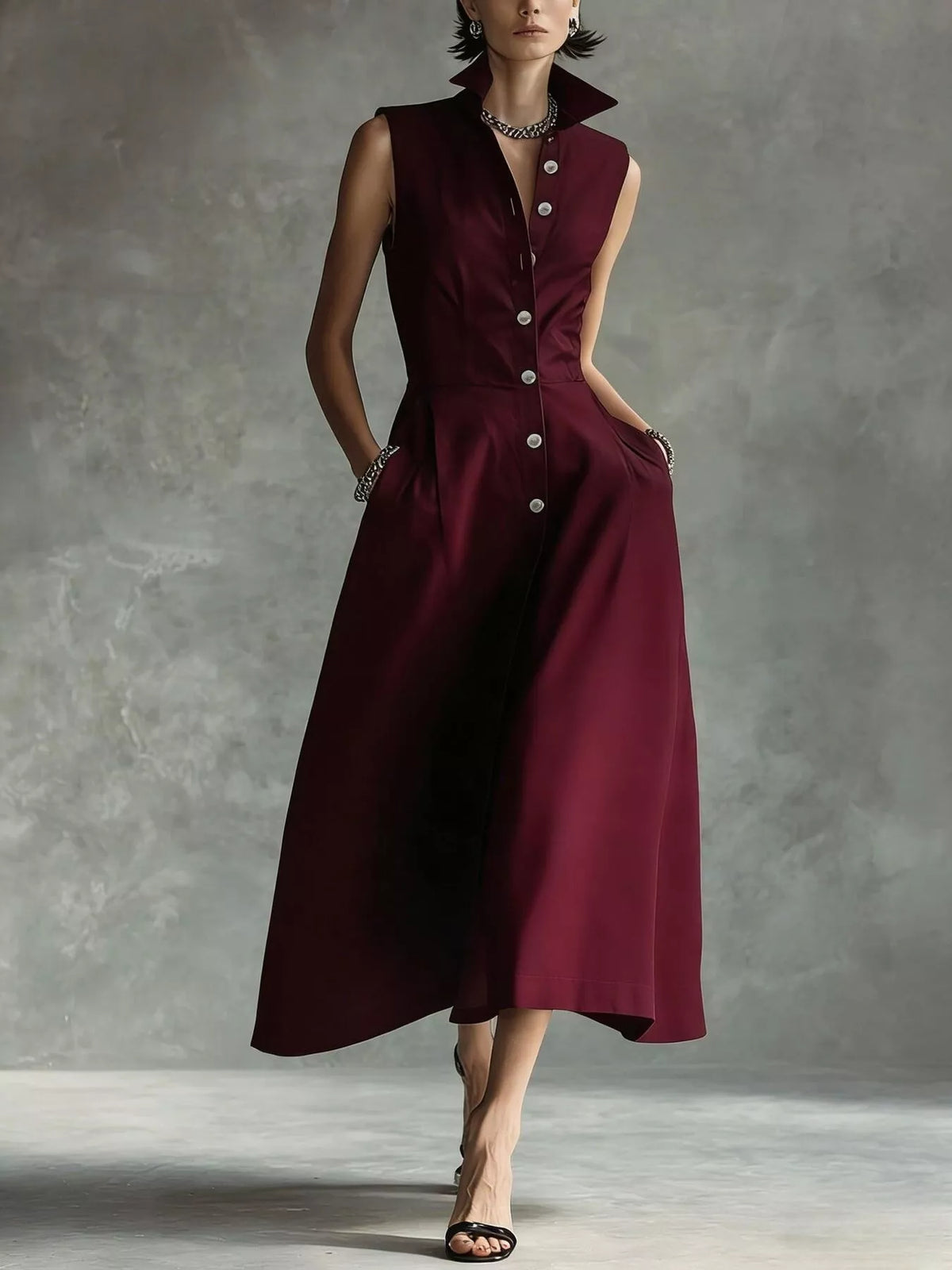 Wine red sleeveless midi button shirt dress with collar and front buttons