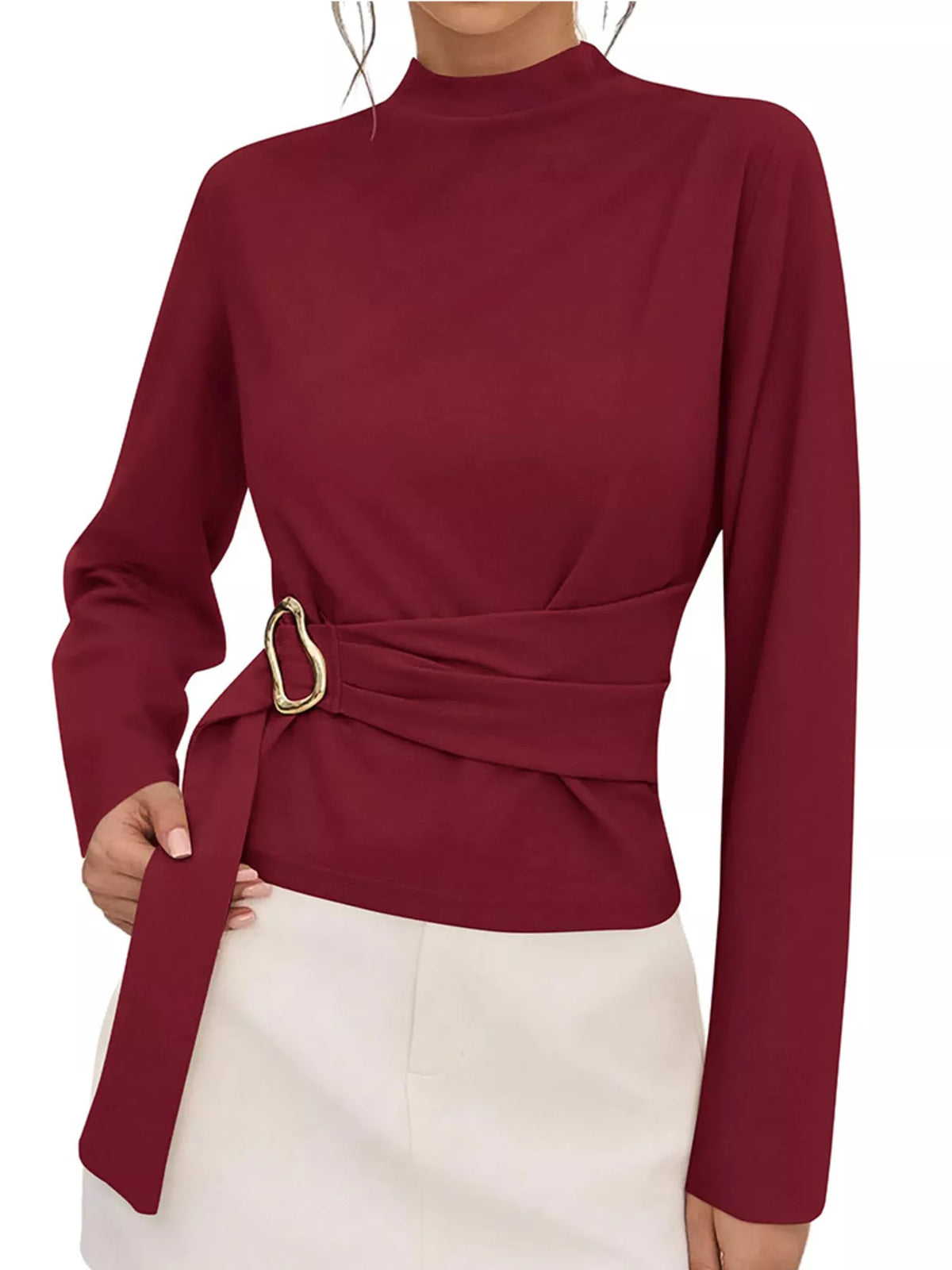 Burgundy mock neck blouse with ruched waist belt and gold ring detail