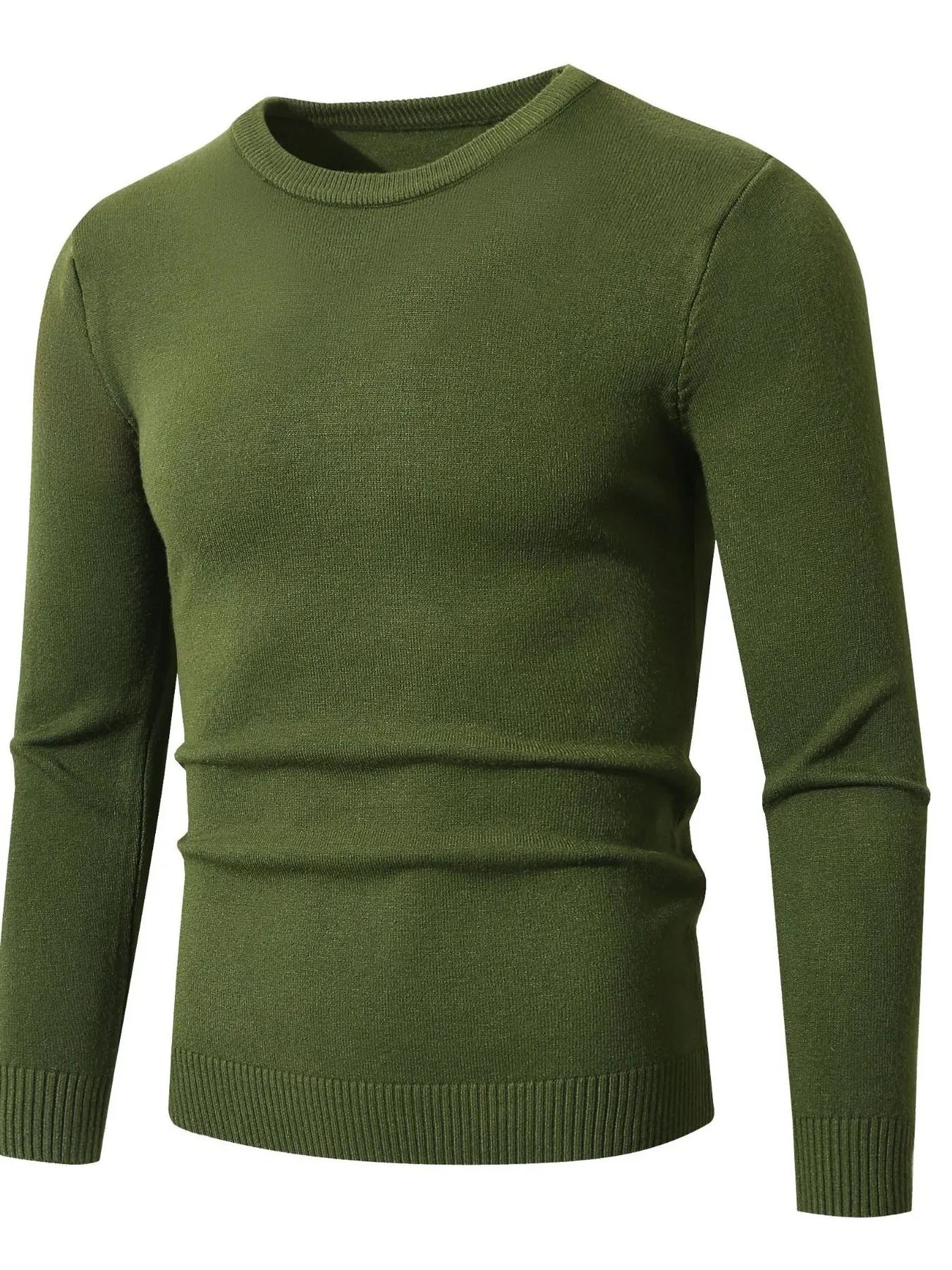 Men's long-sleeve ribbed-hem sweater in military green knit