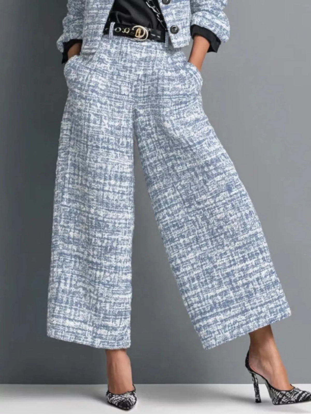 Light blue tweed wide-leg pants with matching cropped blazer, front view