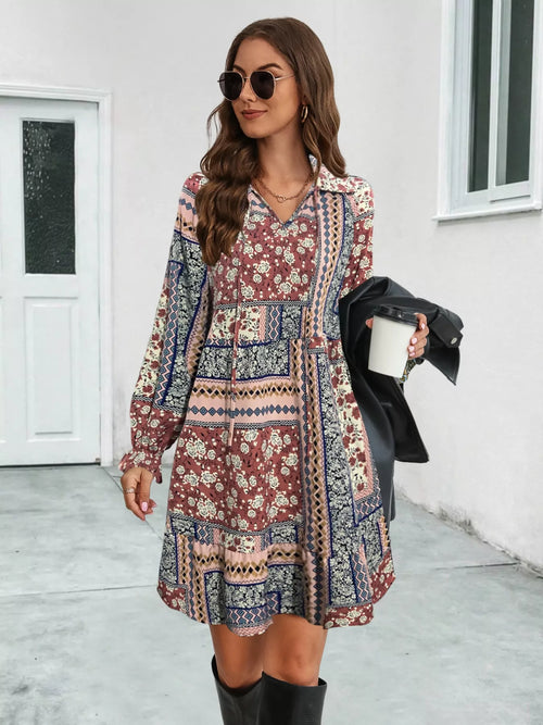 Floral patchwork long-sleeve mini dress with V-neck, maroon and blue patterns