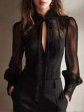 Black lace sheer long-sleeve blouse with bow neck tie and fitted front