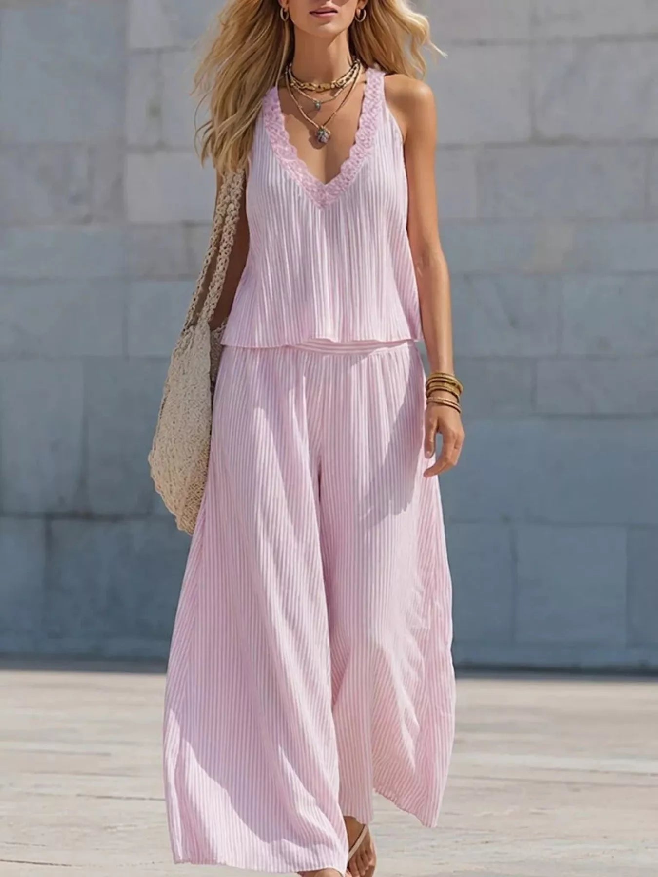 Pink striped v-neck tank and wide-leg pants set, tiered sleeveless outfit