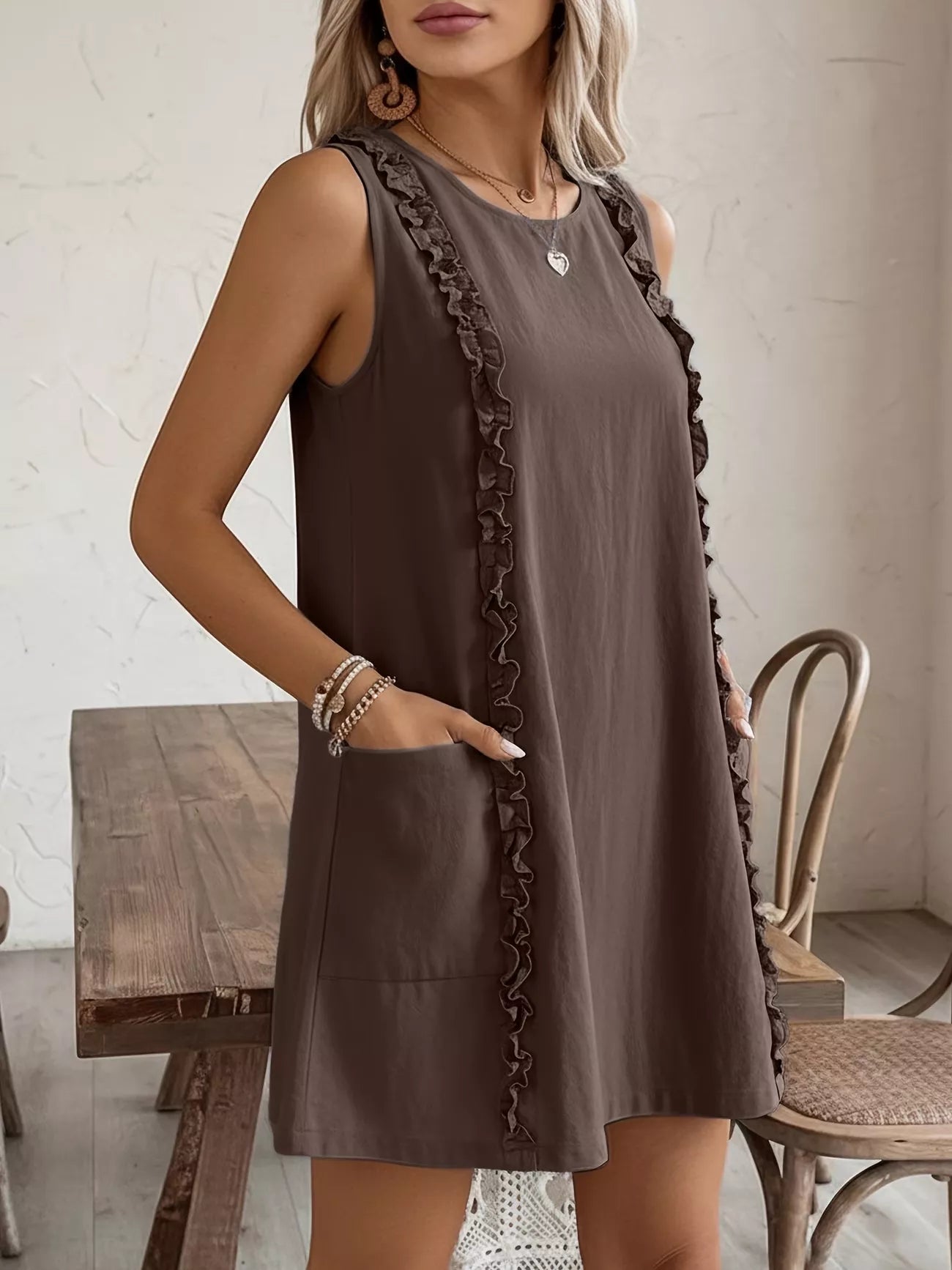 Cedar & Moore Frill Sleeveless Round-Neck Dress in brown taupe with frill trim and pockets