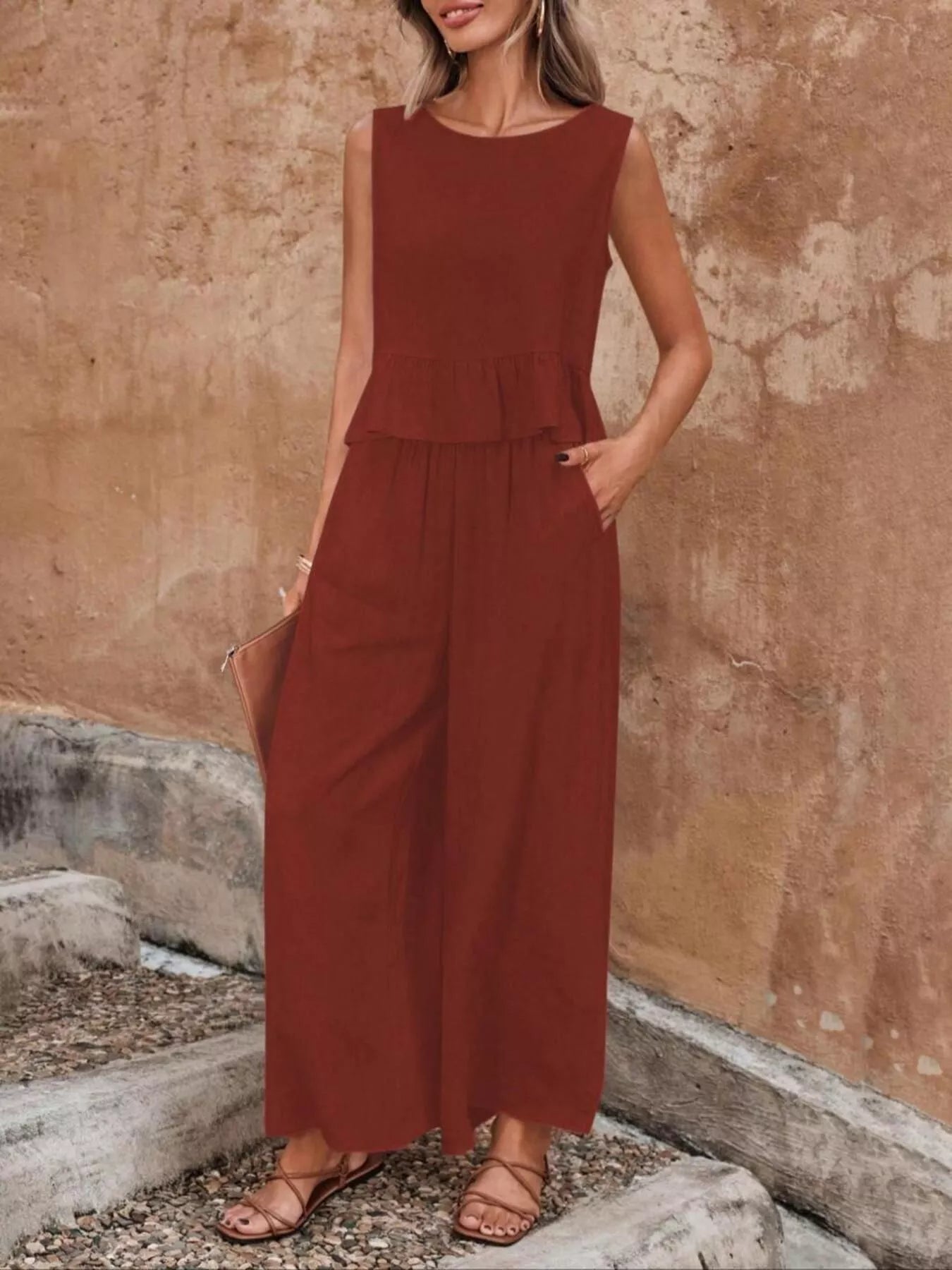 Burgundy sleeveless ruffle hem top and wide-leg pants set, front view