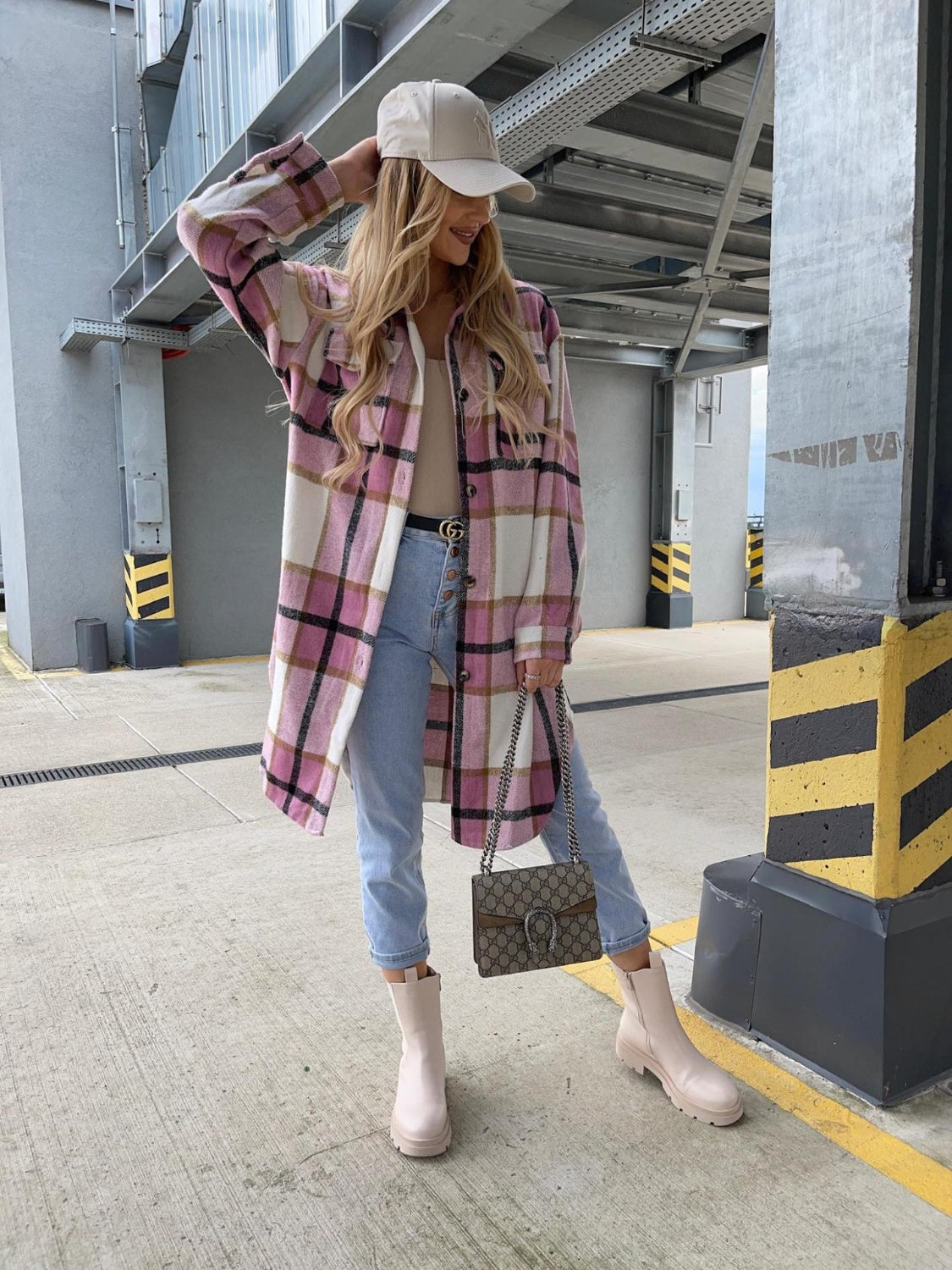 Plaid longline collared shirt in pink and cream with black grid, button-front, chest pockets