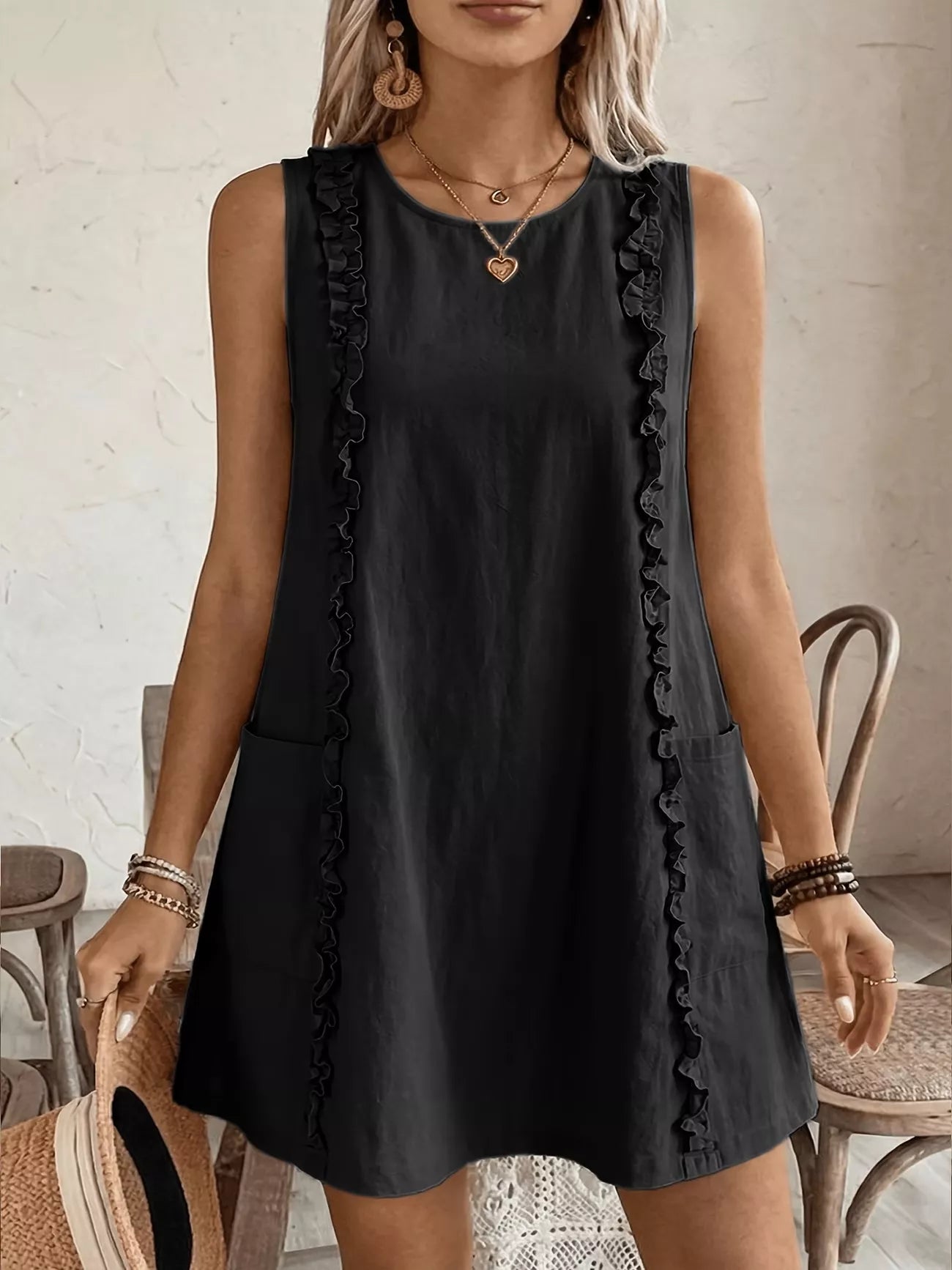 Cedar & Moore Frill Sleeveless Round Neck Dress, black with ruffle trim and pockets