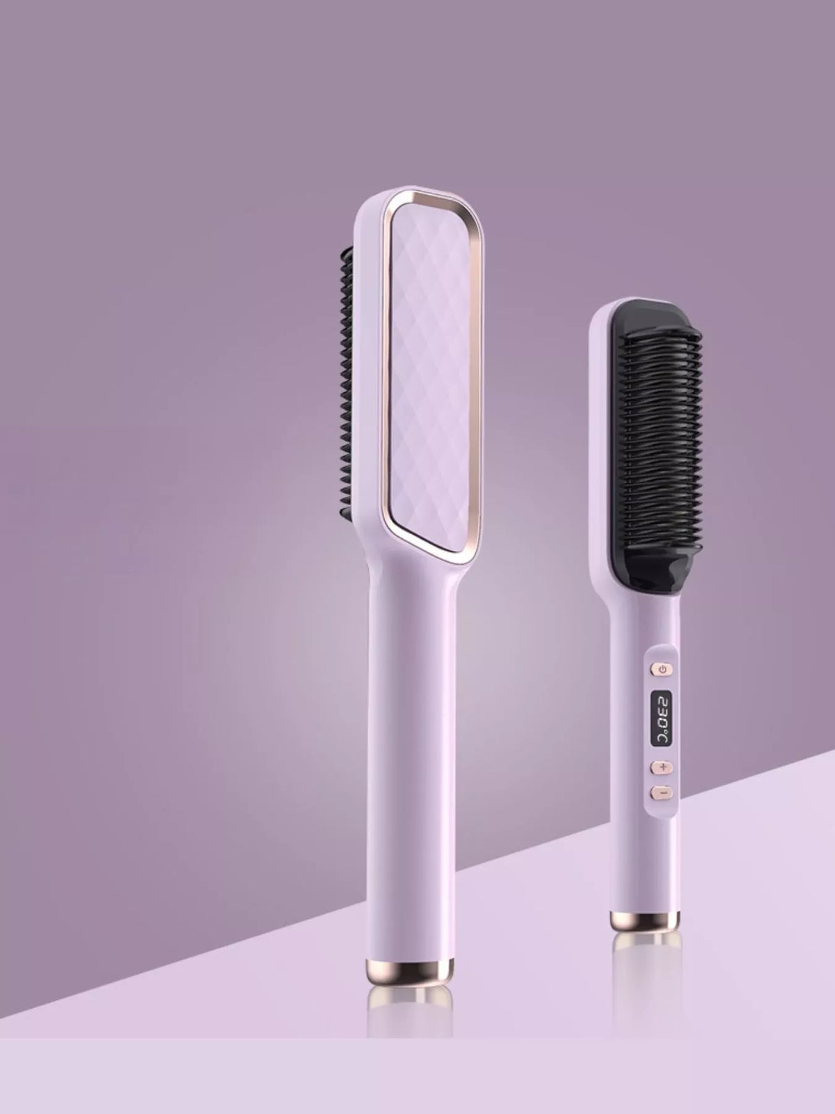 Lavender ceramic straightening comb with black comb head and control buttons