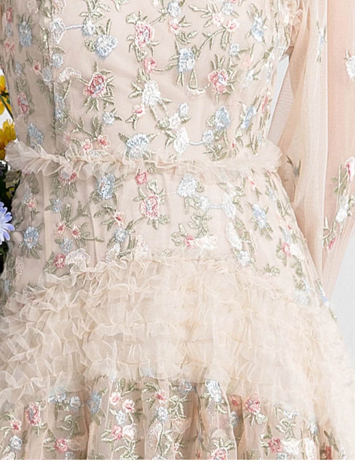 Cedar & Moore Floral Tulle Layered Maxi Dress in blush pink with embroidered lace and mesh details