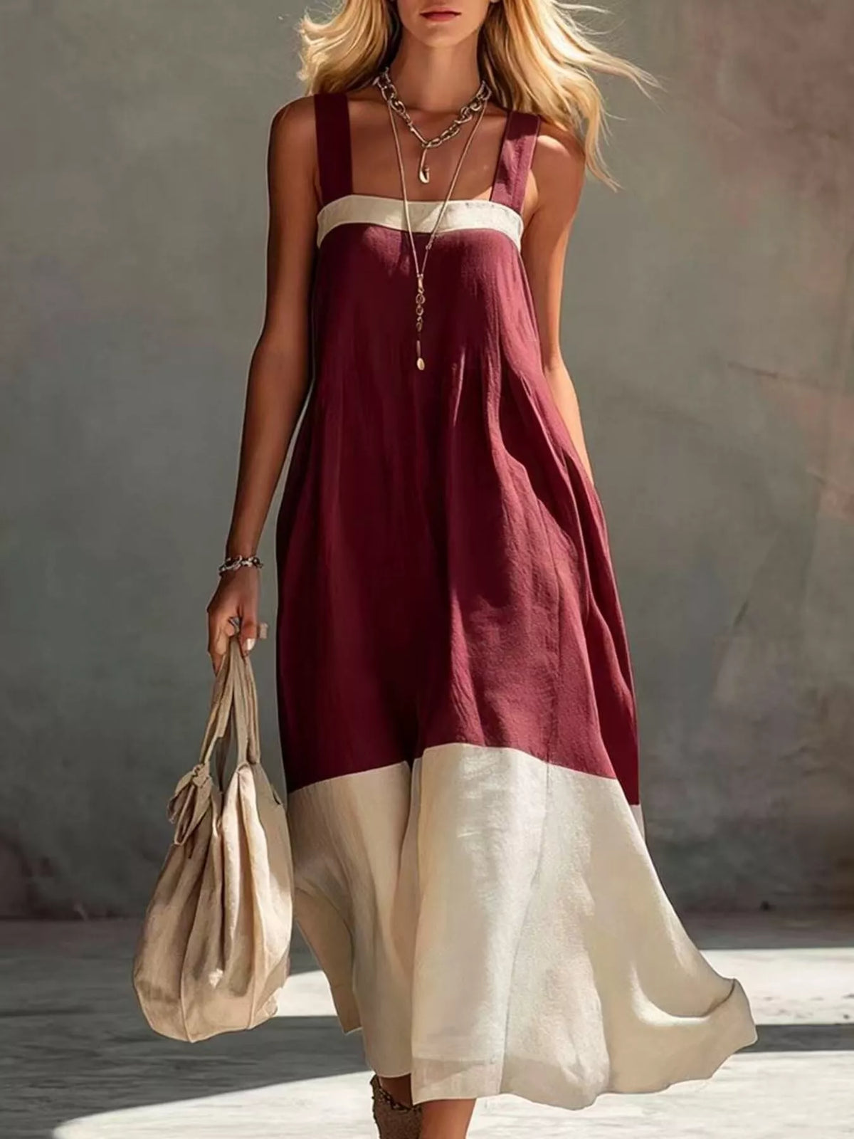 Wine red and cream color-block sleeveless linen midi dress with wide straps