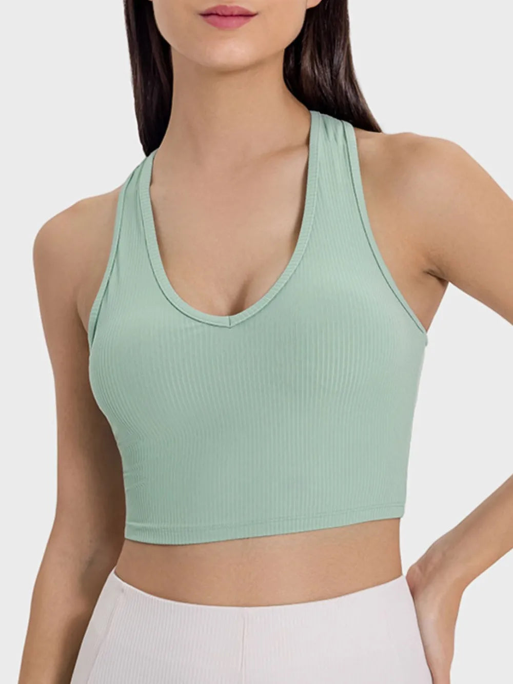 Scoop neck wide-strap active tank, sage green ribbed knit front