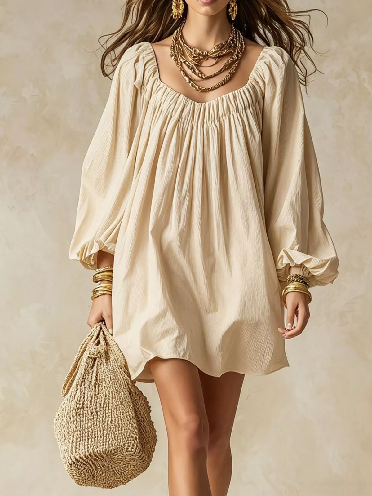 Ivory mini dress with gathered square neckline and billowy balloon sleeves