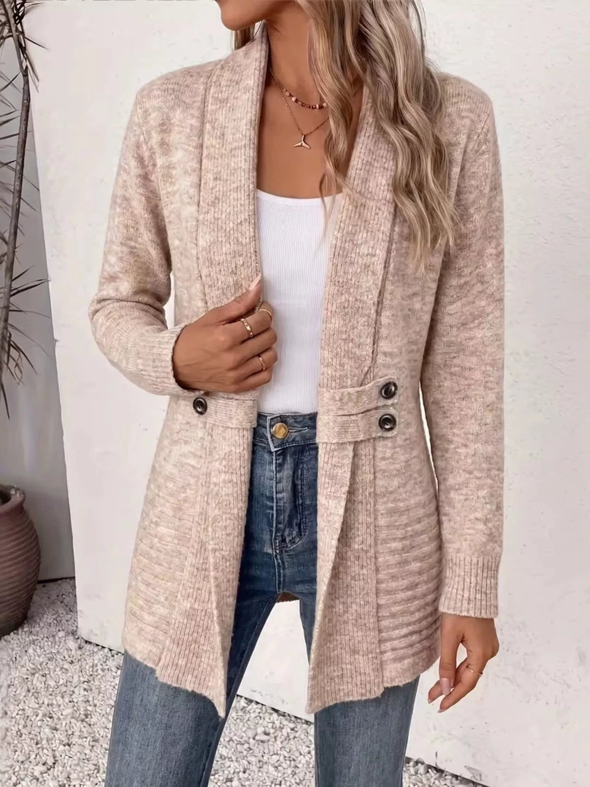 Beige open-front ribbed long-sleeve cardigan with two-button placket and side pockets