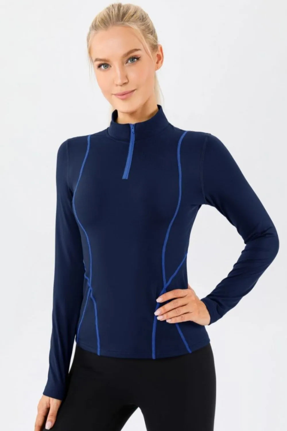 Mock neck active t-shirt in dark blue, long sleeves, quarter-zip detail
