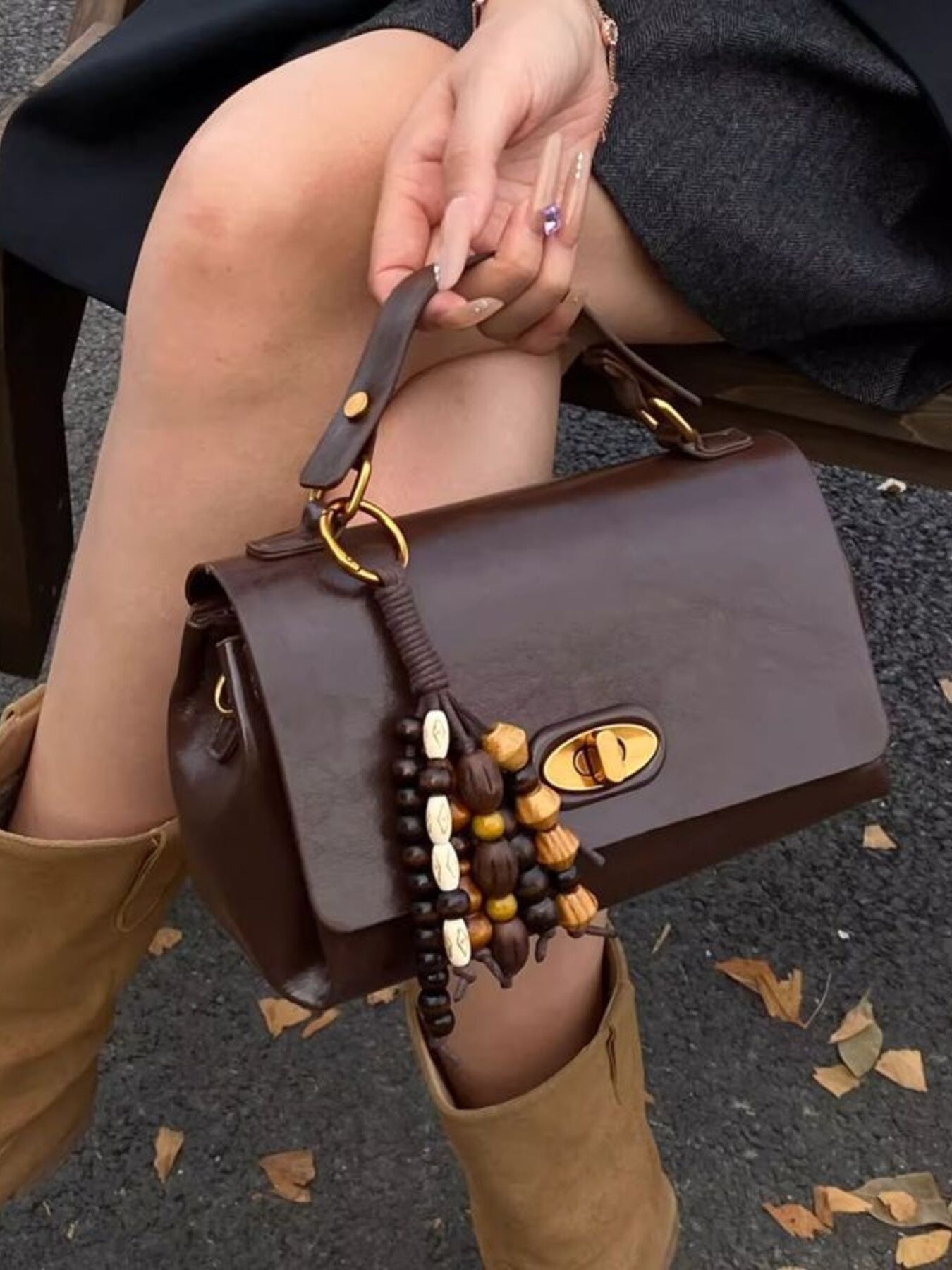 Flap Leather Shoulder Bag by Trendsi, small brown PU bag with gold hardware and beaded tassel