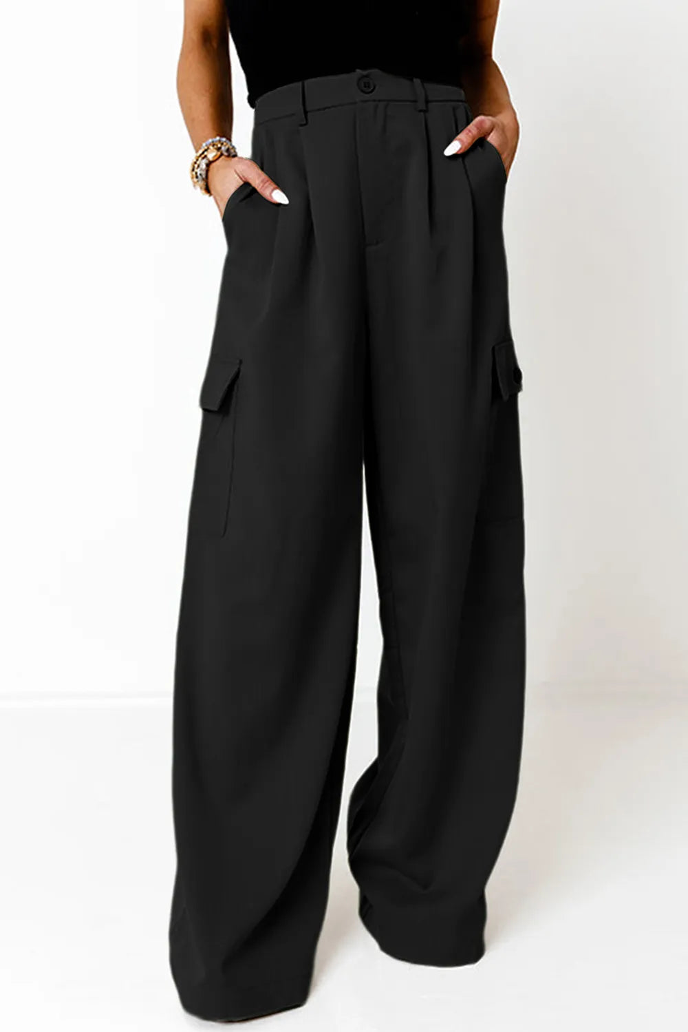 Black wide-leg pants with ruched waistband and side cargo pockets