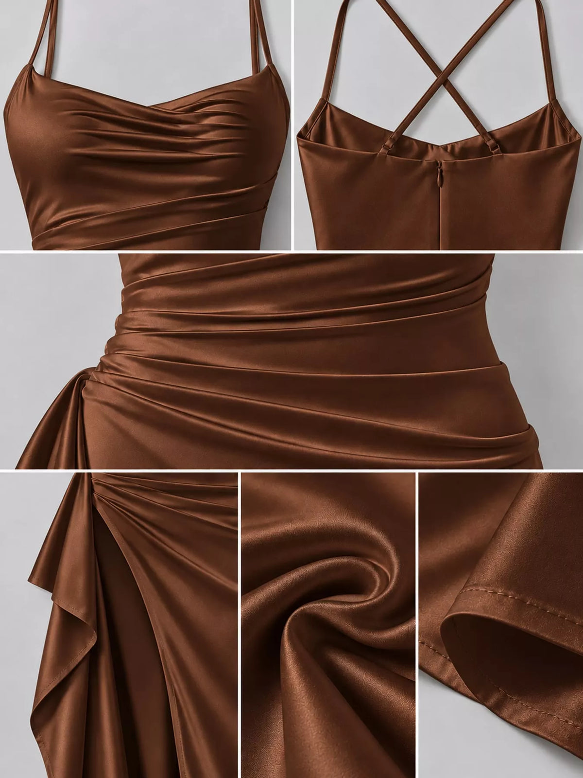 Dark brown satin ruched maxi dress close-up: draped bodice and high side slit