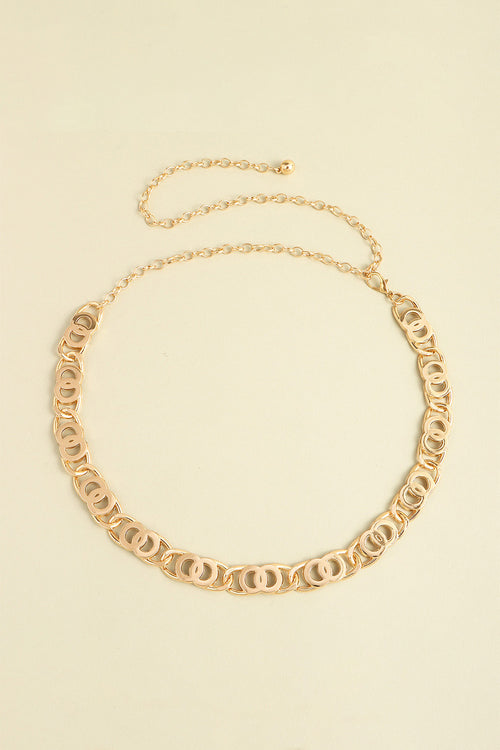 Gold lobster clasp belt with oval-link chain and decorative curved link border