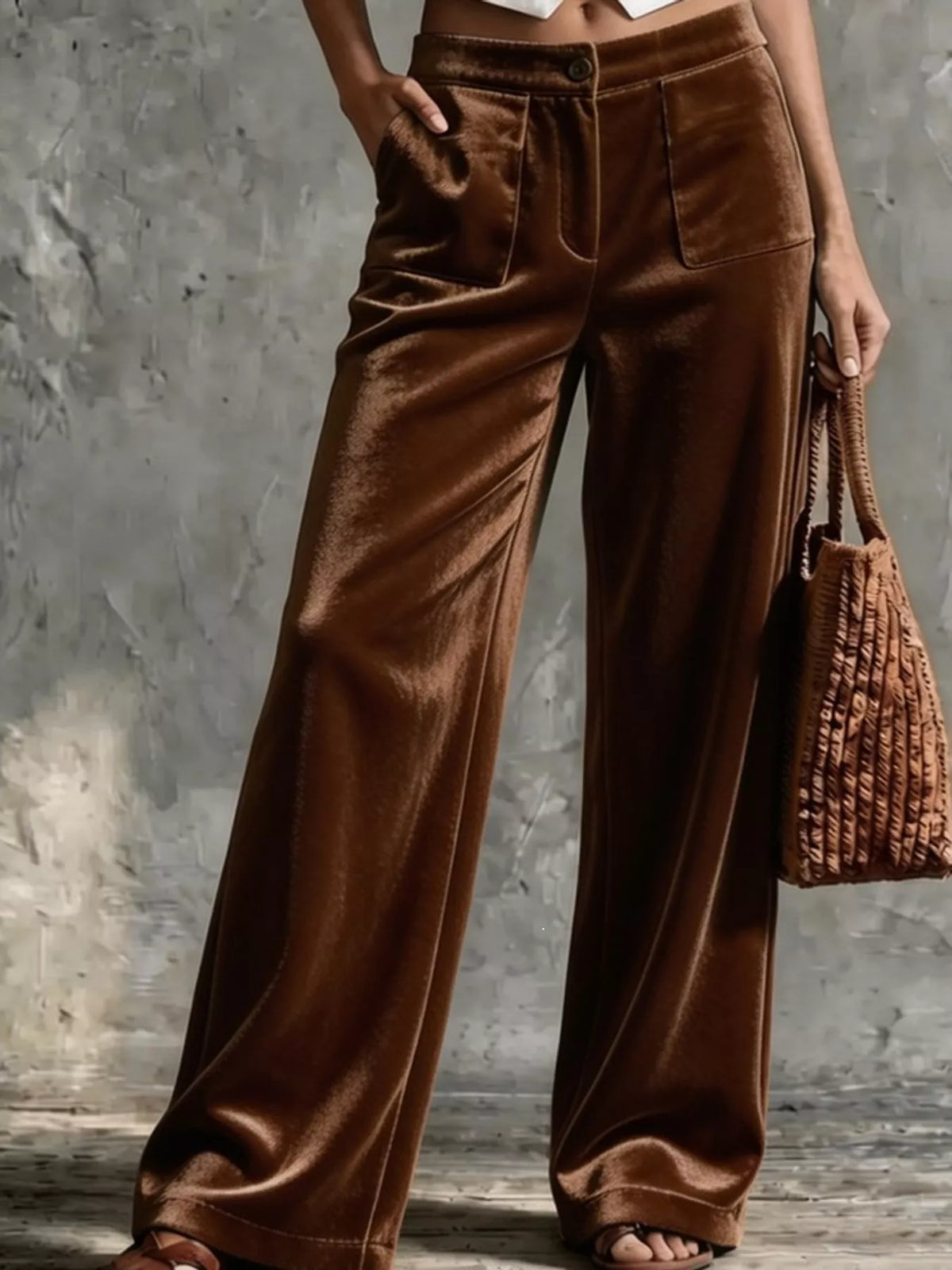 Brown velvet wide-leg pants with high waist, button closure, and front pockets