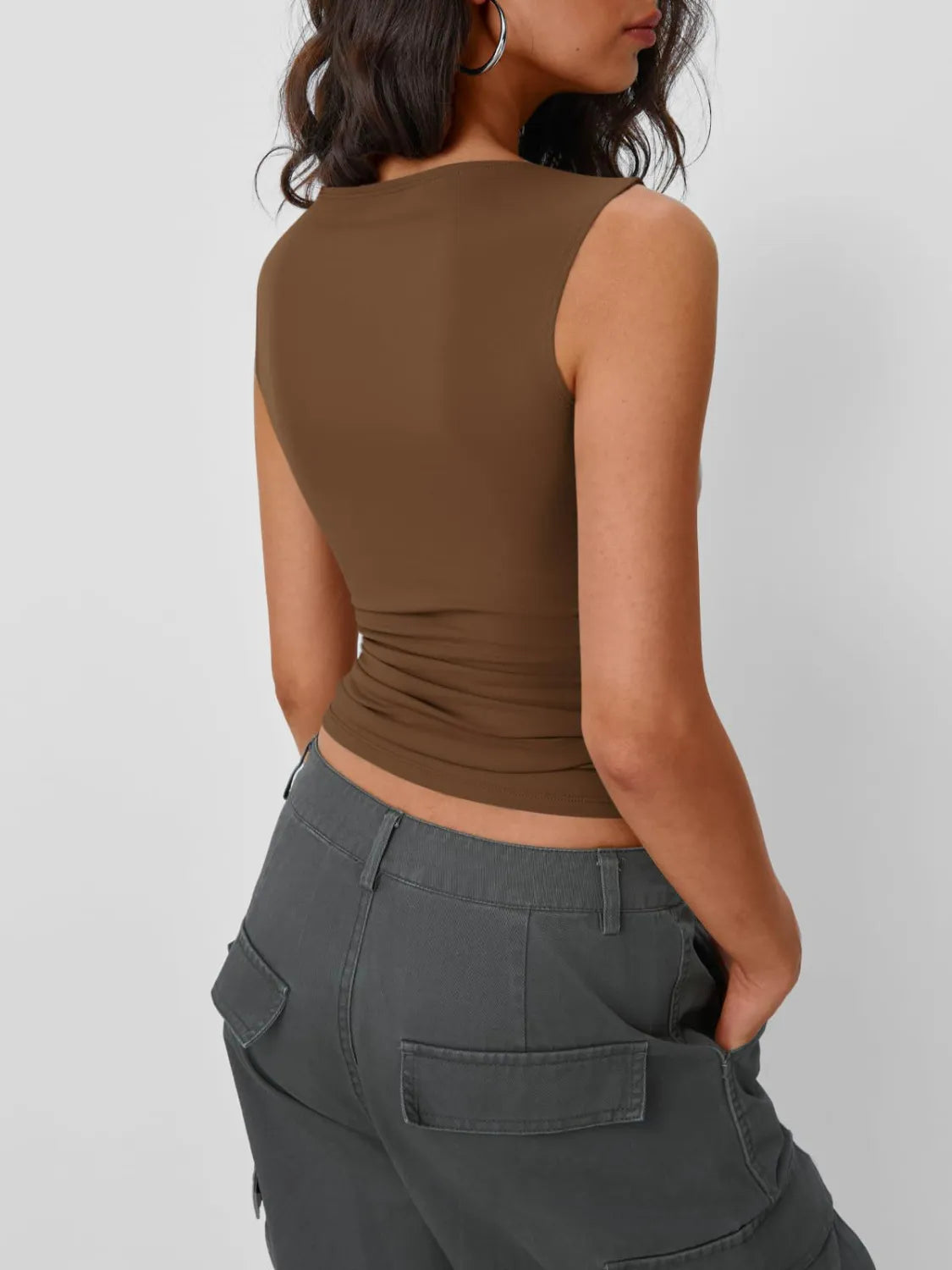 Solid round neck tank, brown, sleeveless back view with ruched waist sides