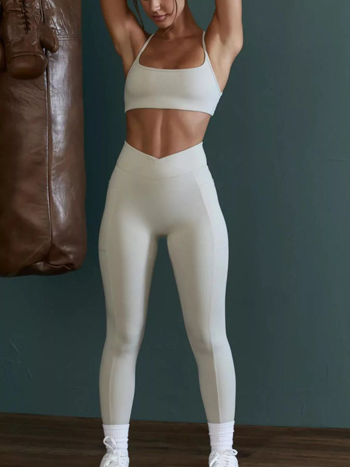 Ivory white seamless crisscross cami and leggings set, full-length leggings with sporty socks