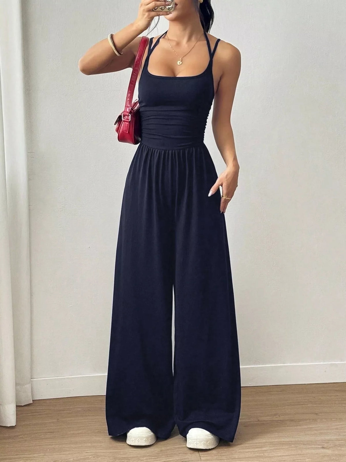 Dark blue ruched spaghetti strap wide-leg jumpsuit with gathered waist