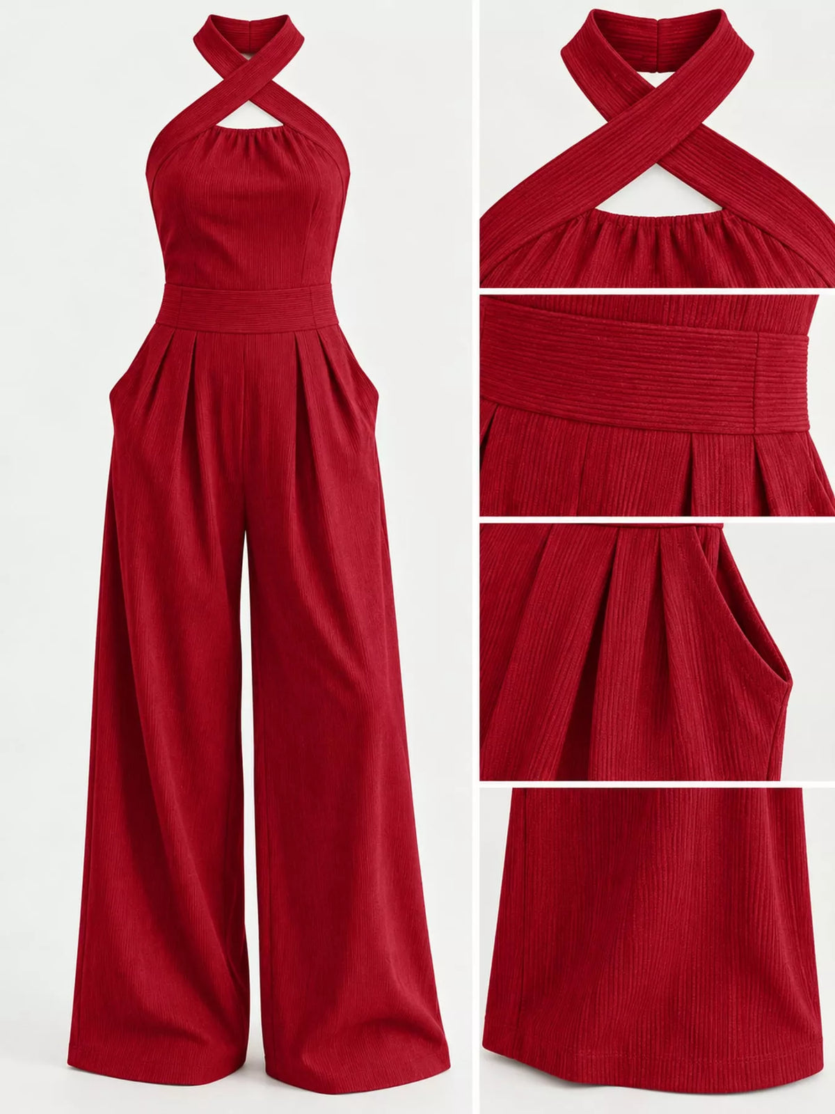 Red halter jumpsuit detail: fitted bodice, pleated waist, wide-leg drape
